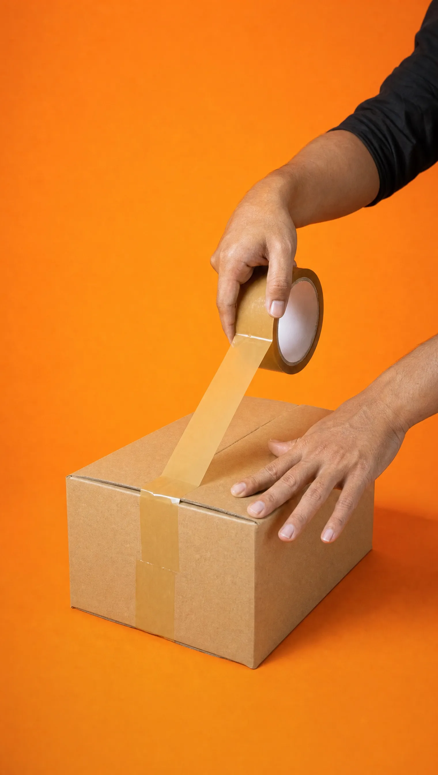 Hands sealing a parcel with tape on an orange background