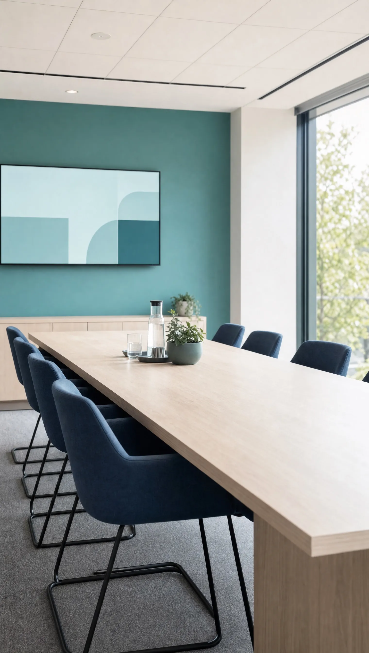 A bright training room with a long table and a large window