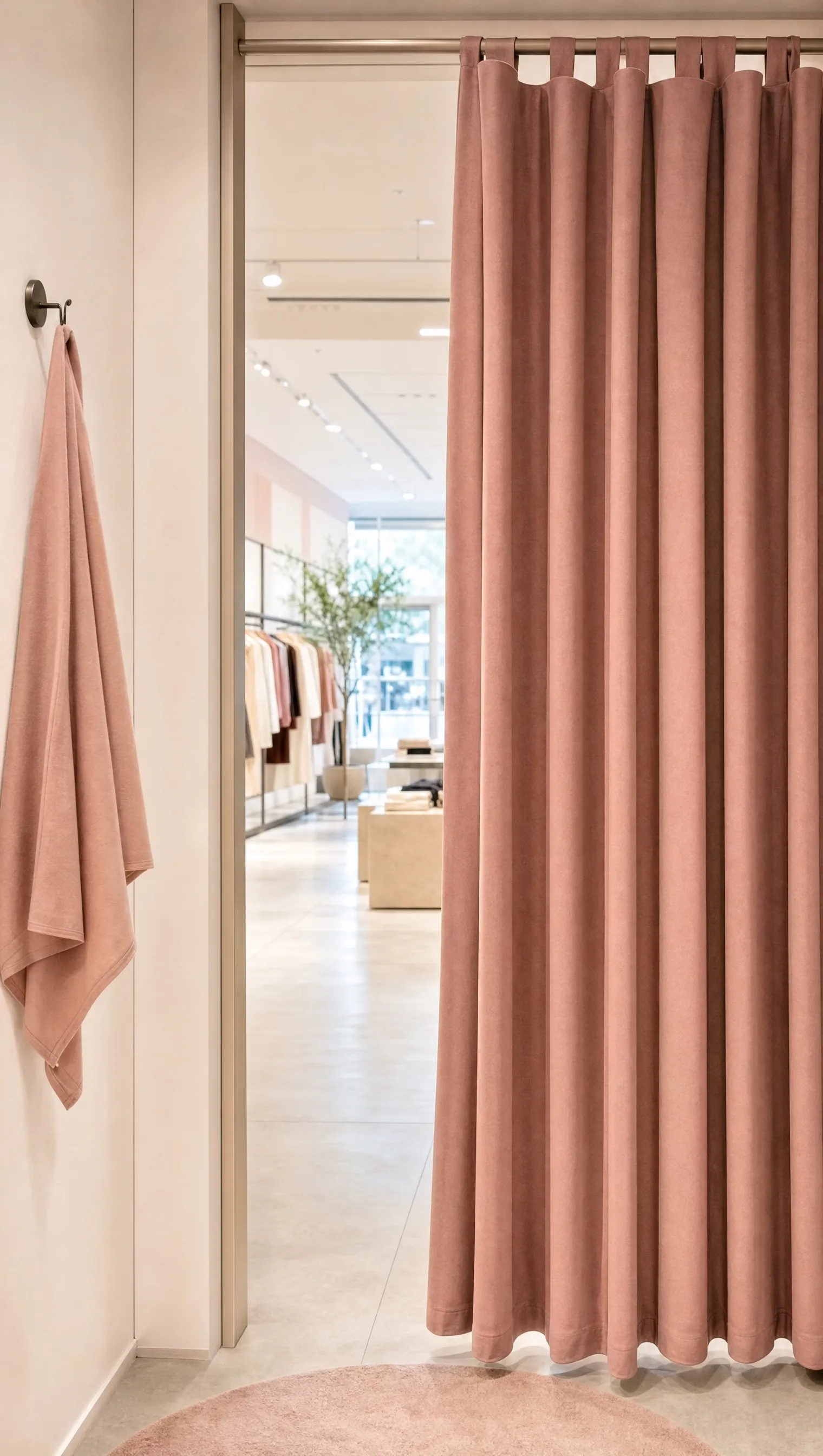 A fitting room curtain half open onto a bright store