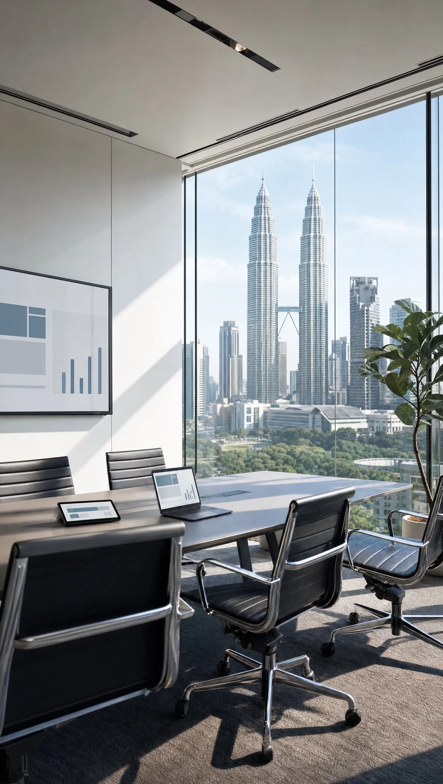 A glass-walled meeting room with Kuala Lumpur towers outside