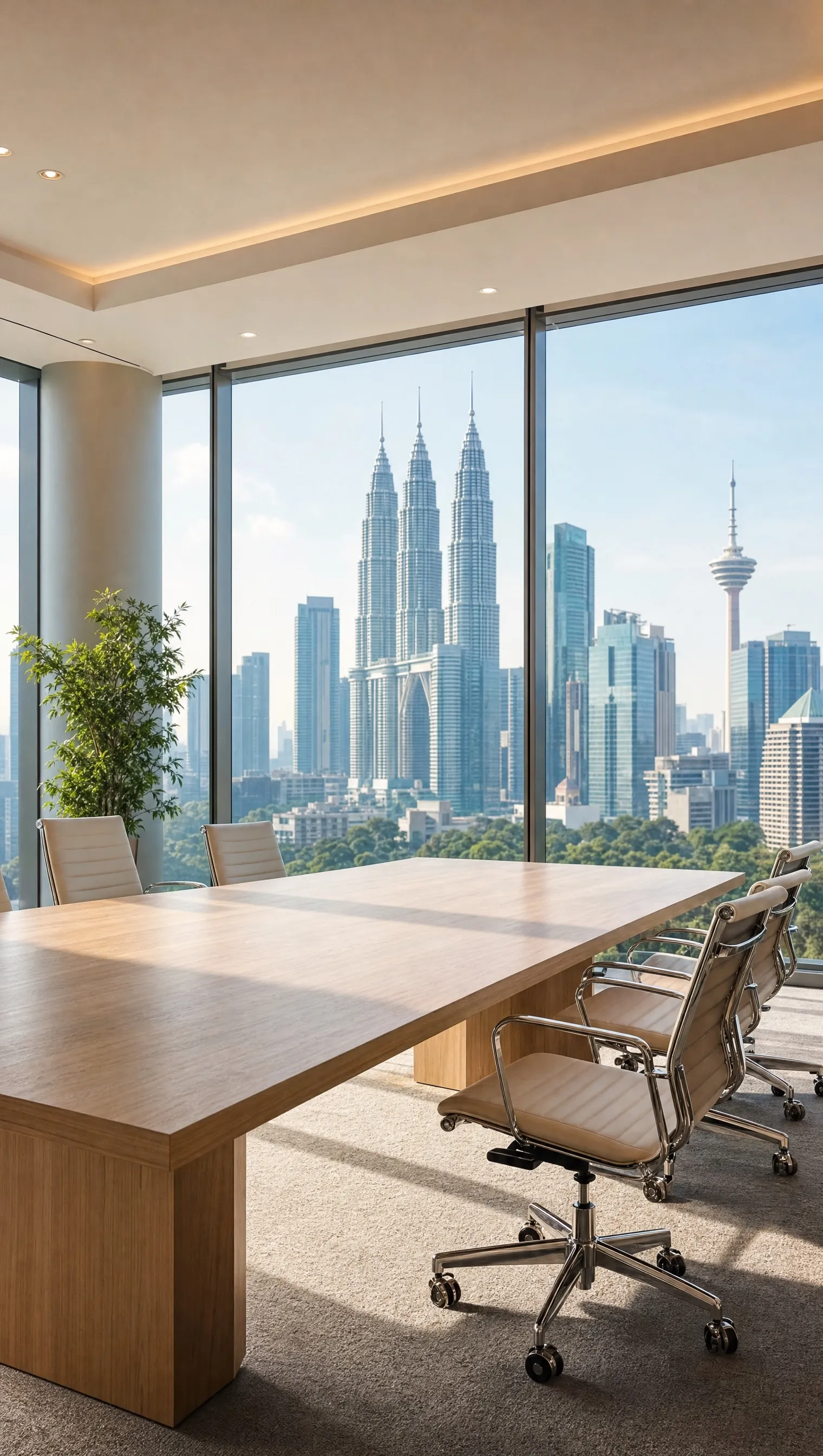 A bright meeting room with the Kuala Lumpur skyline outside