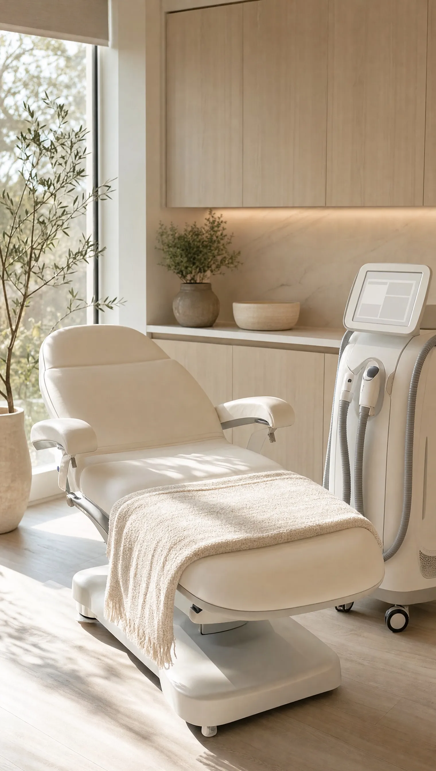 A clinic treatment room with a white bed and a skin device in morning light