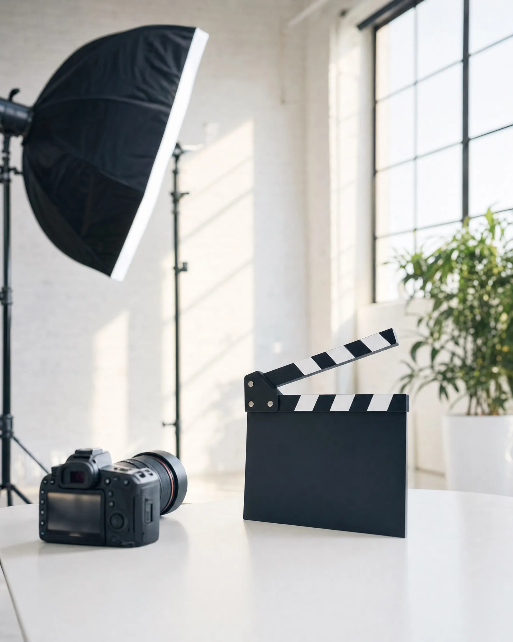 A camera, a blank clapperboard and a softbox in a studio