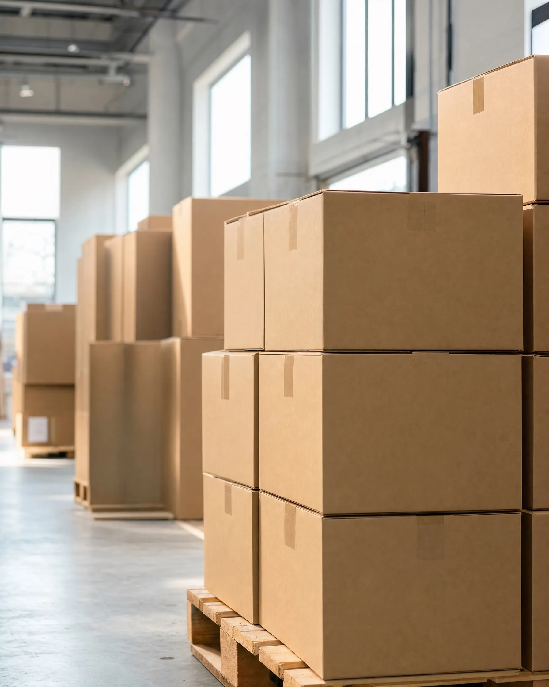 Stacked plain cartons in a bright warehouse