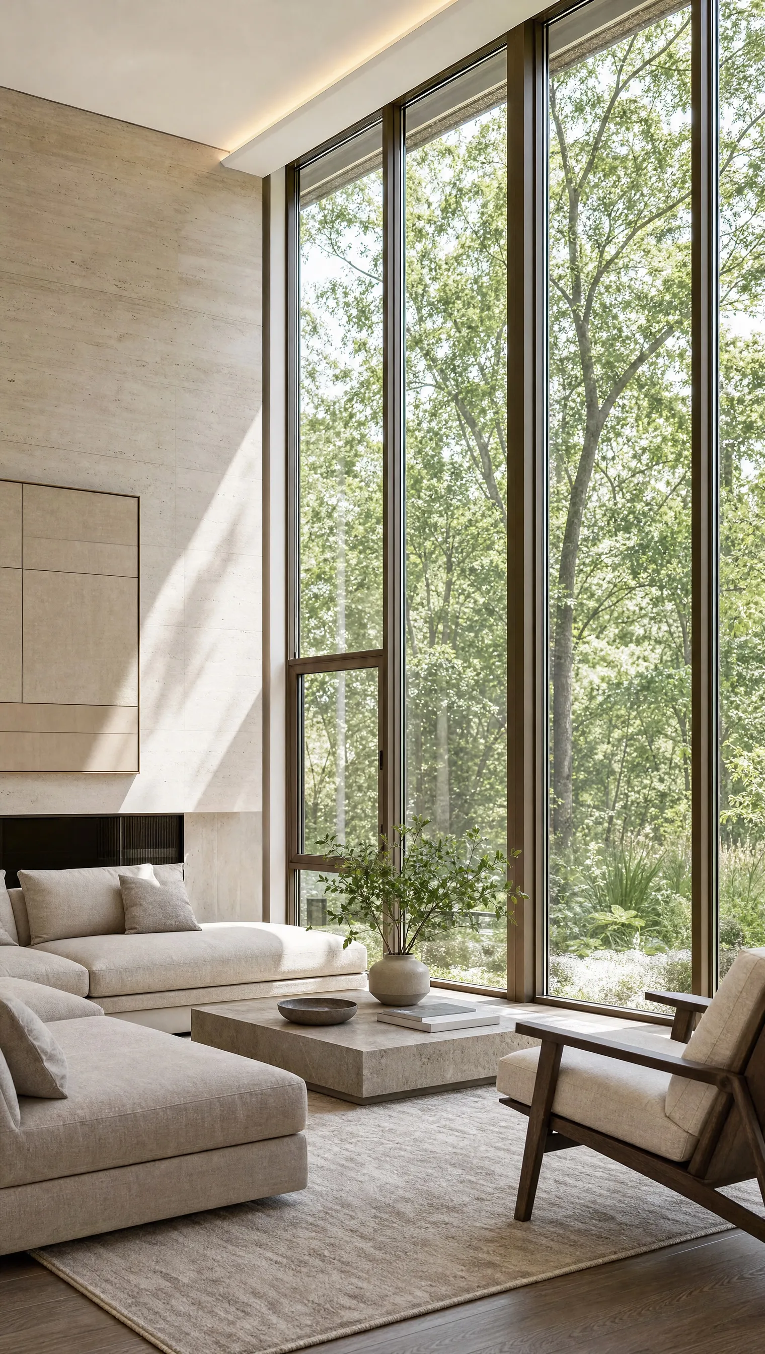 A show unit lounge with floor to ceiling windows