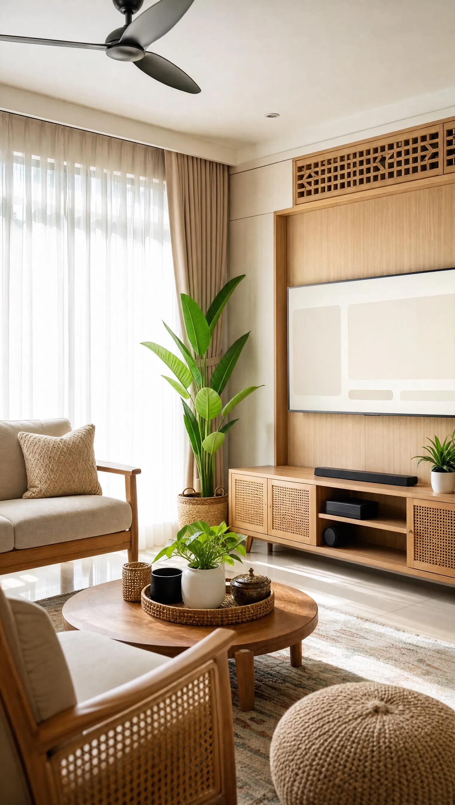 A bright family lounge with sunlight through sheer curtains