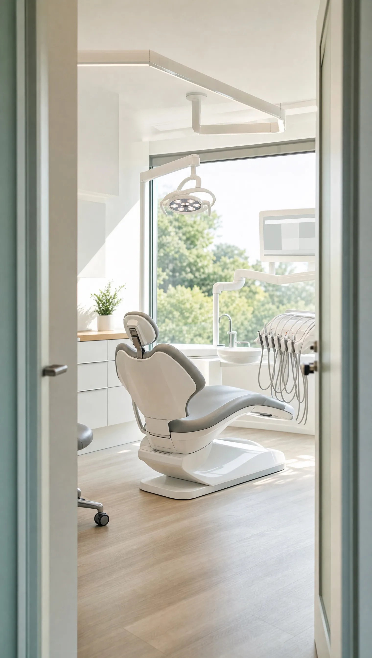 An open doorway onto a bright dental treatment room