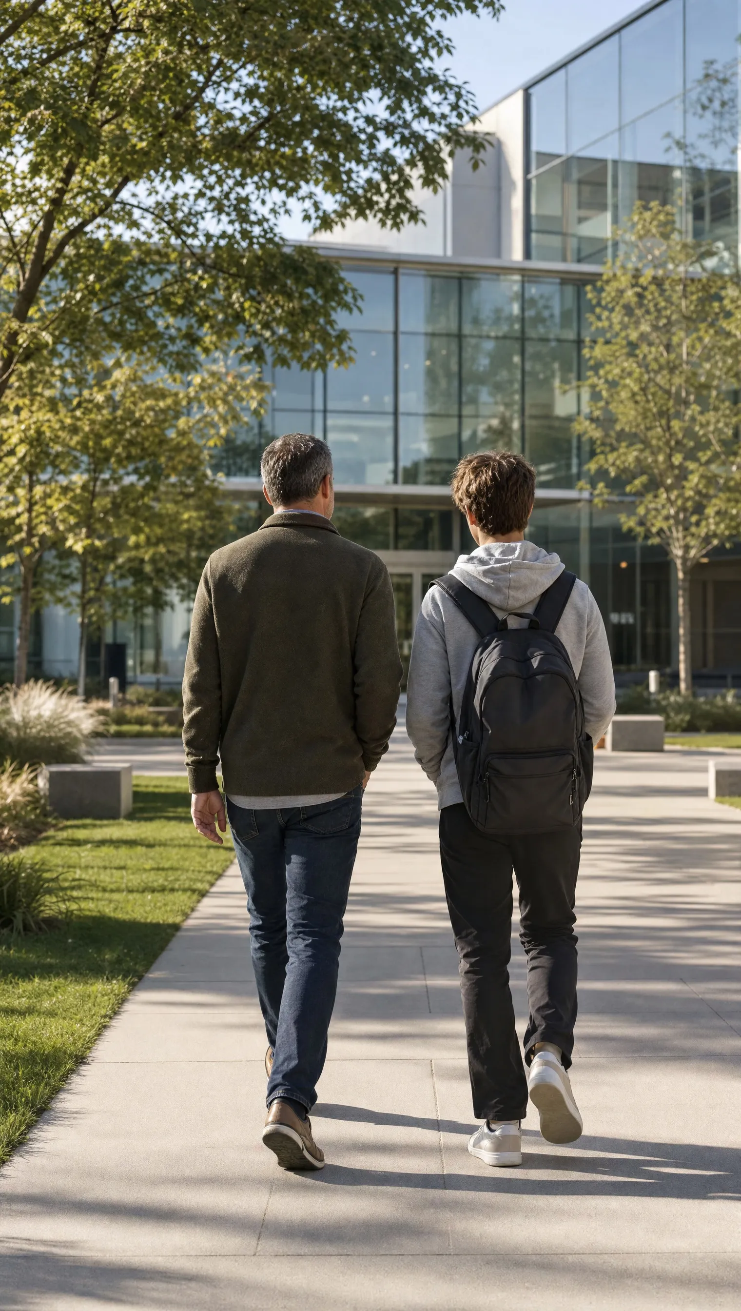 A parent and a student seen from behind on a campus path