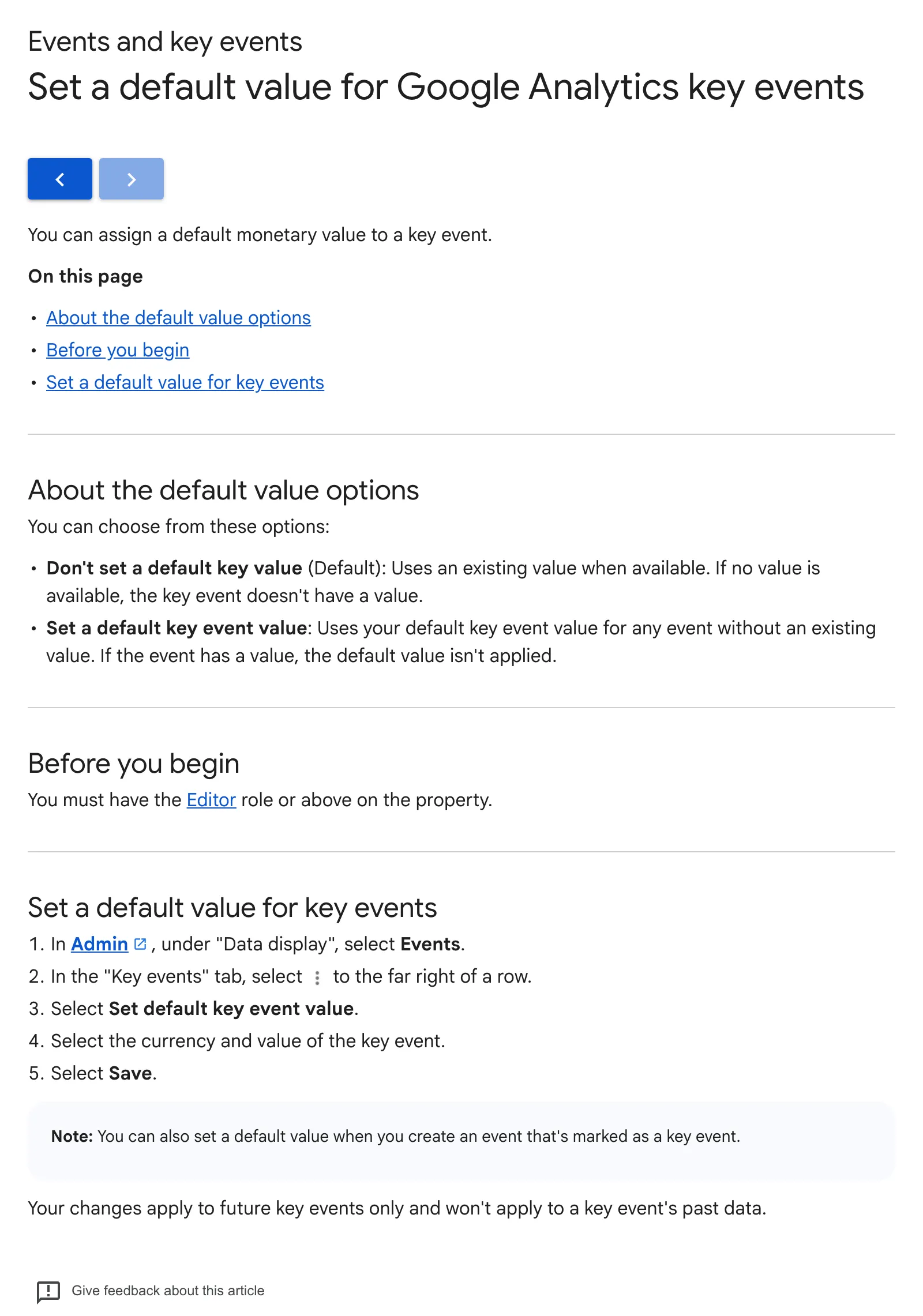 Google Analytics Help page on setting a default value for key events, the step that lets you measure SEO ROI on enquiries, showing the two default value options and the five steps from Admin to Save