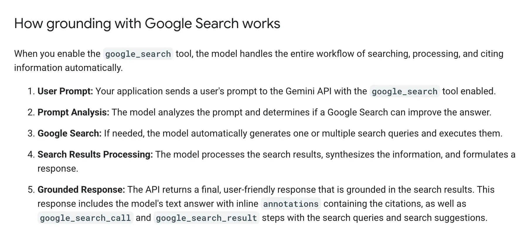 The five grounding steps in Google’s Gemini developer documentation, from a user’s prompt to an answer with citations, the process Gemini SEO works with