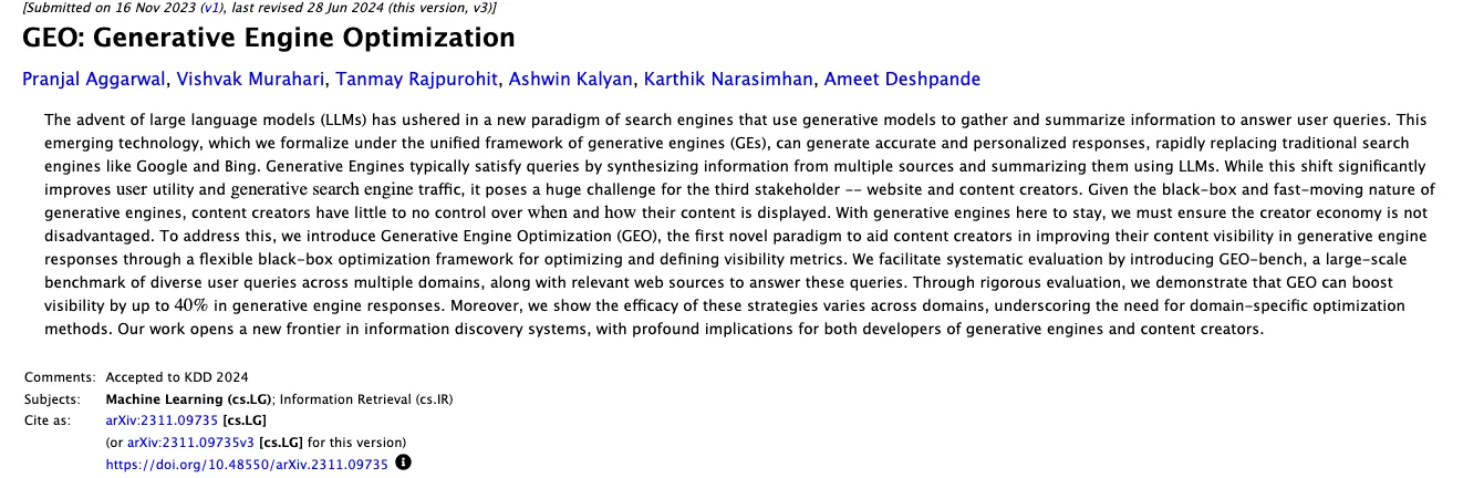 The arXiv page for the research paper that introduced generative engine optimisation, with its title, its six authors and its abstract