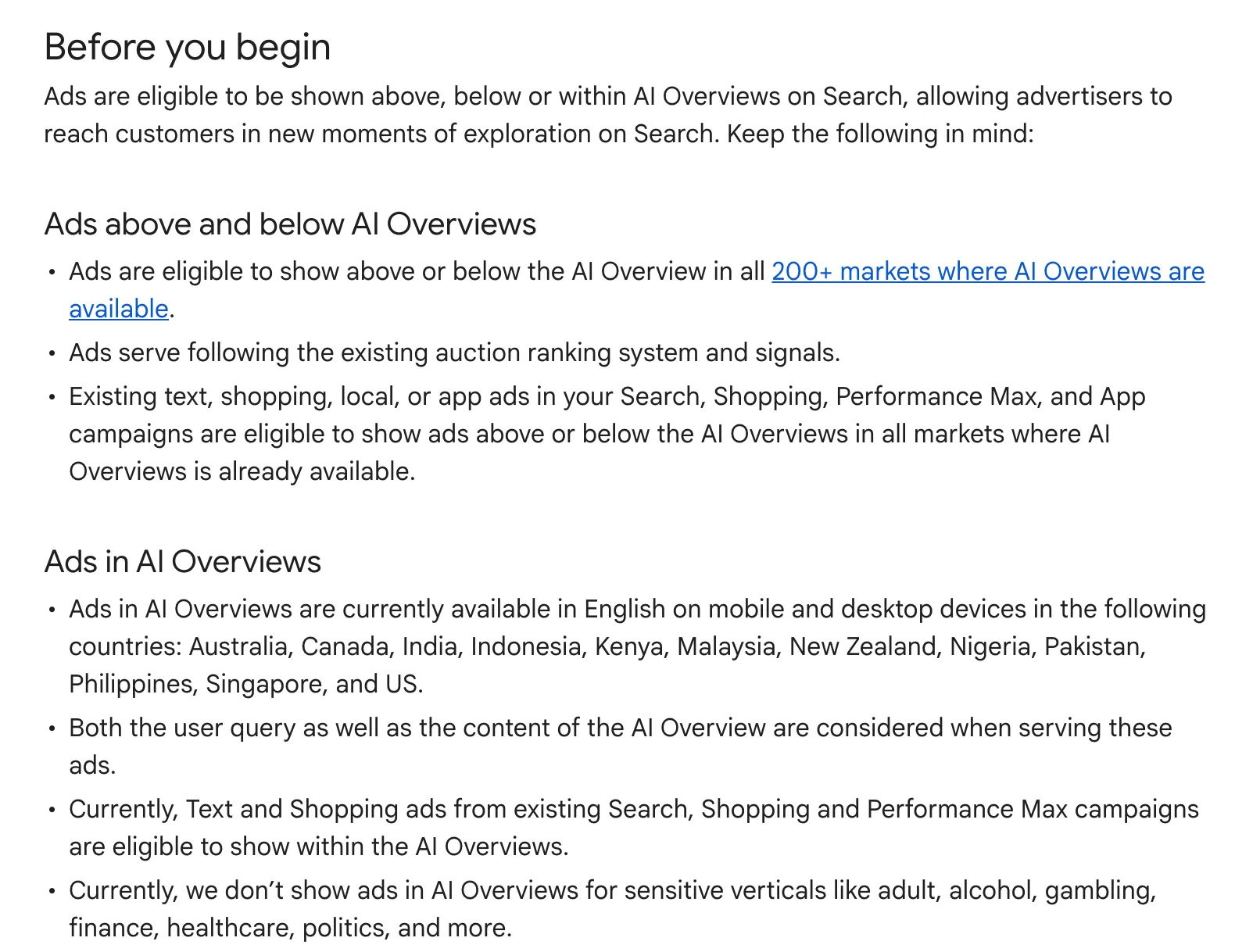 Google Ads Help page About ads and AI Overviews, with the list of countries where ads in AI Overviews run in English, including Malaysia, Indonesia, the Philippines and Singapore