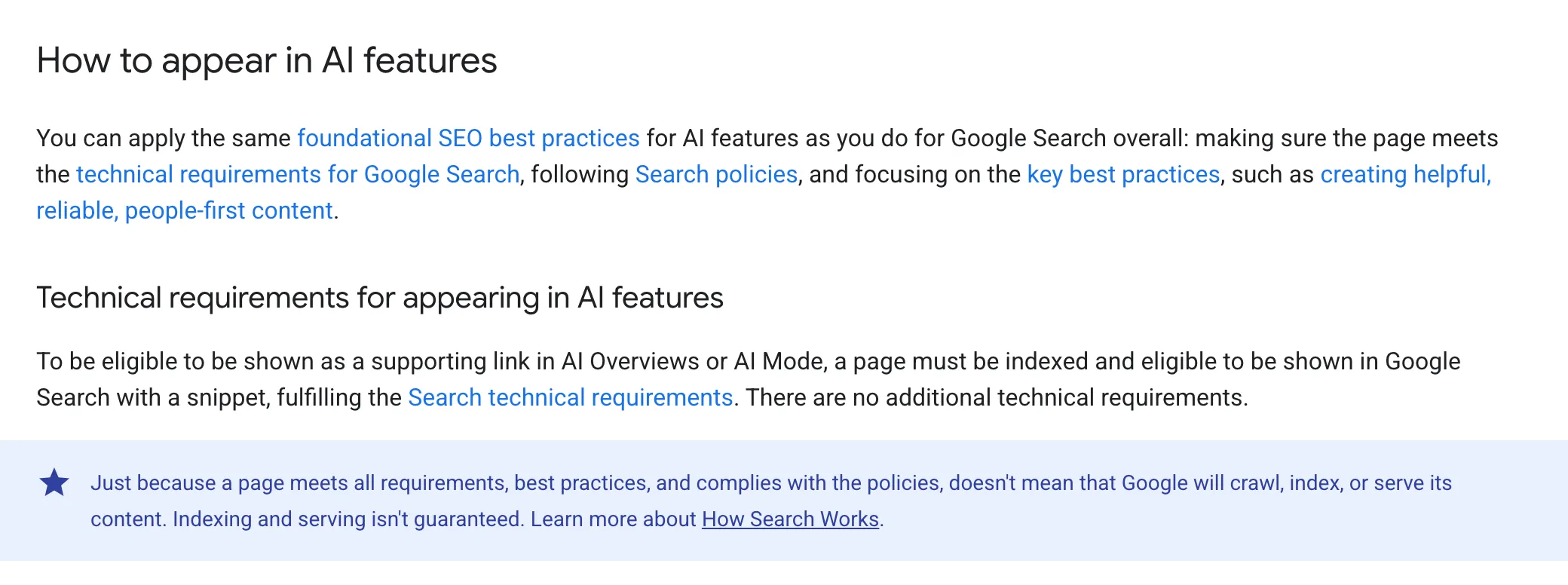 Google Search Central’s guide “AI features and your website”, the sections on how to appear in AI features and the technical requirements