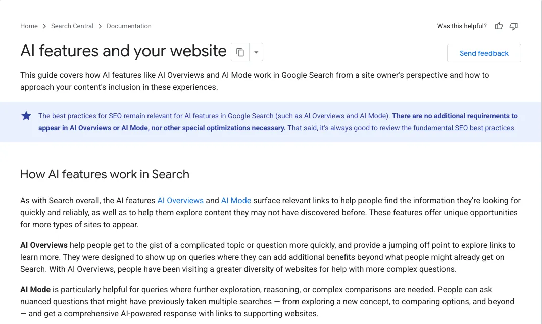 Google Search Central’s guide to AI features and your website, saying there are no additional requirements to appear in AI Overviews or AI Mode