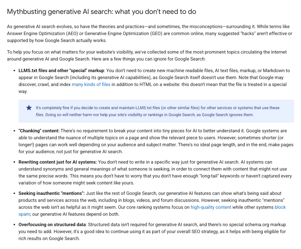 Google Search Central’s guide to optimising for generative AI features, the section that mentions AEO and GEO and lists what site owners can ignore for Google Search