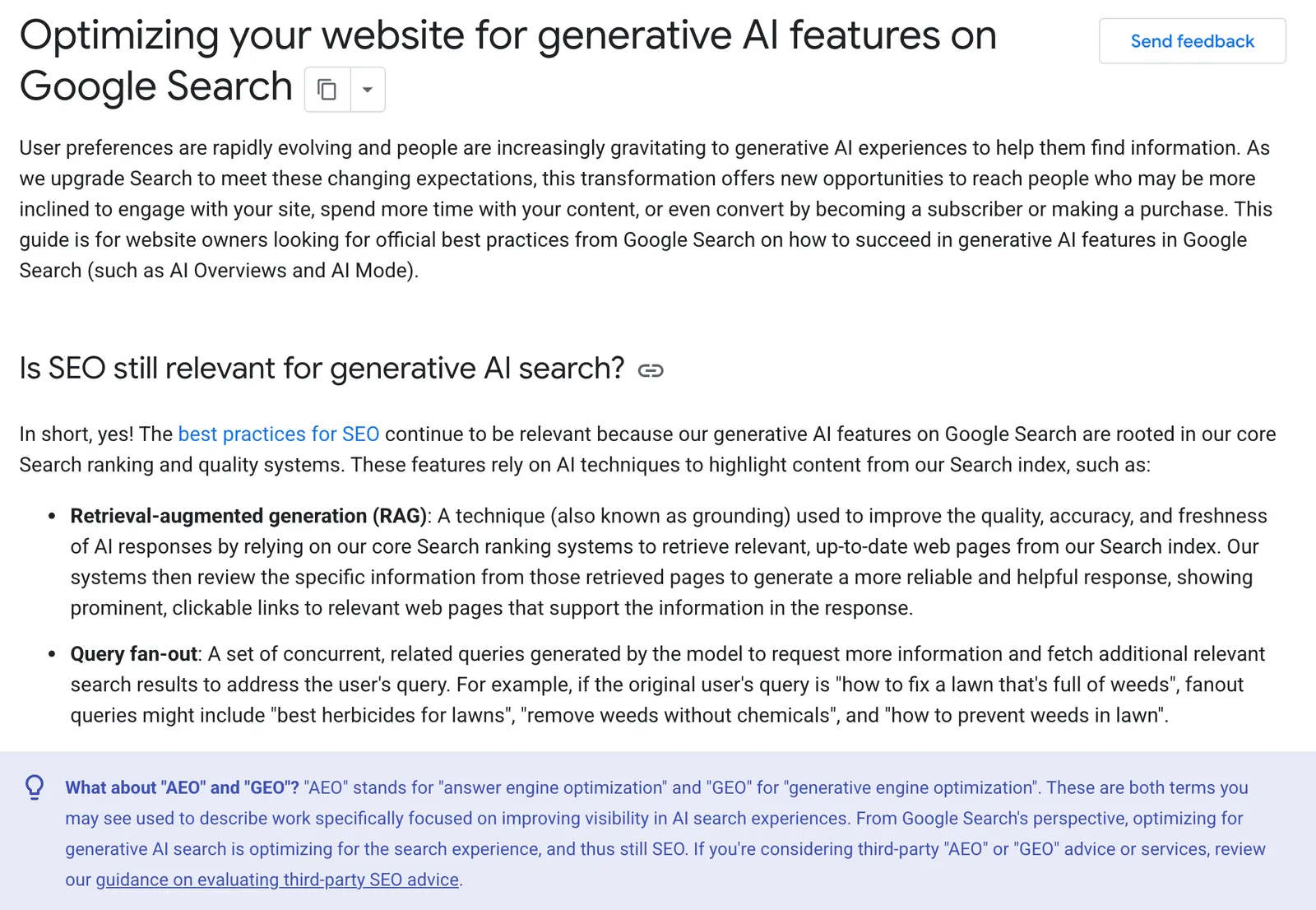 The opening of Google’s guide to generative AI features on Google Search, explaining retrieval-augmented generation and query fan-out, with a note that work on AI search is still SEO