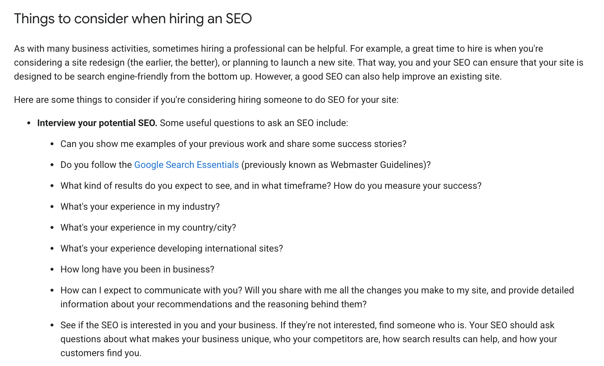 Google Search Central’s page on hiring an SEO, showing the questions it suggests asking a provider, such as examples of past work and how changes to the site will be shared, which work as well for an SEO agency, a freelancer or an in-house candidate