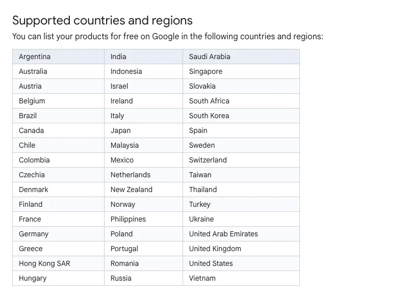 Google’s help page listing the 48 countries and regions where stores can list products on Google at no charge, from Argentina to Vietnam