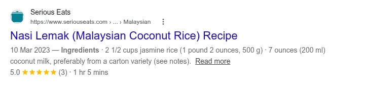 A Google search result for a nasi lemak recipe showing a star rating, the number of reviews and the cooking time under the page title