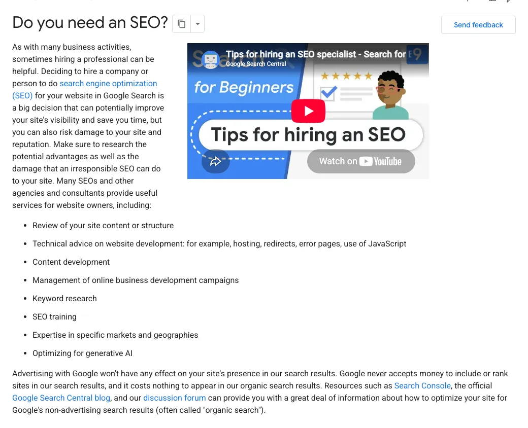 Google Search Central’s page “Do you need an SEO?”, with the paragraph saying advertising with Google has no effect on a site’s presence in Google’s search results, the line Google draws between SEO and SEM