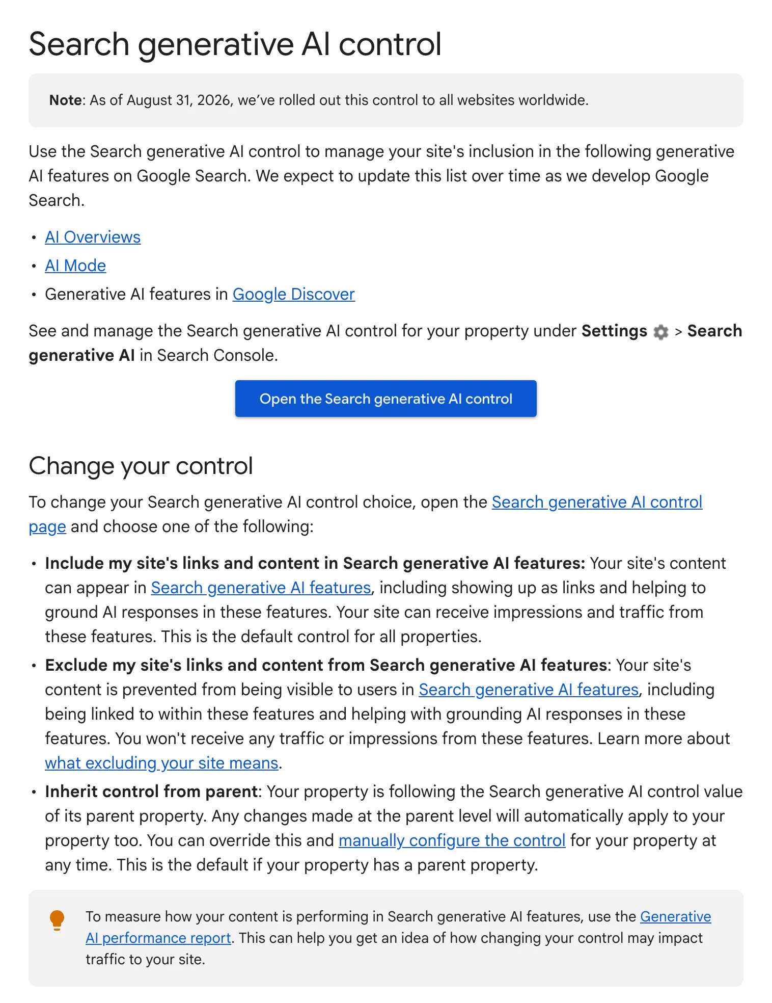 Google’s Search Console Help page for the Search generative AI control, with the Include, Exclude and Inherit choices