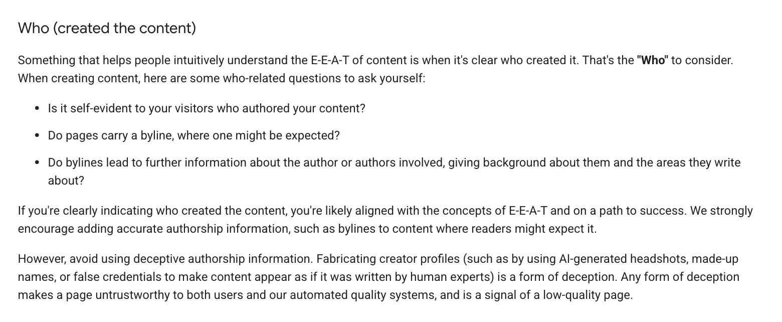 The section of Google’s helpful content page on who created the content, with its questions about bylines and its warning that made-up author profiles make a page untrustworthy