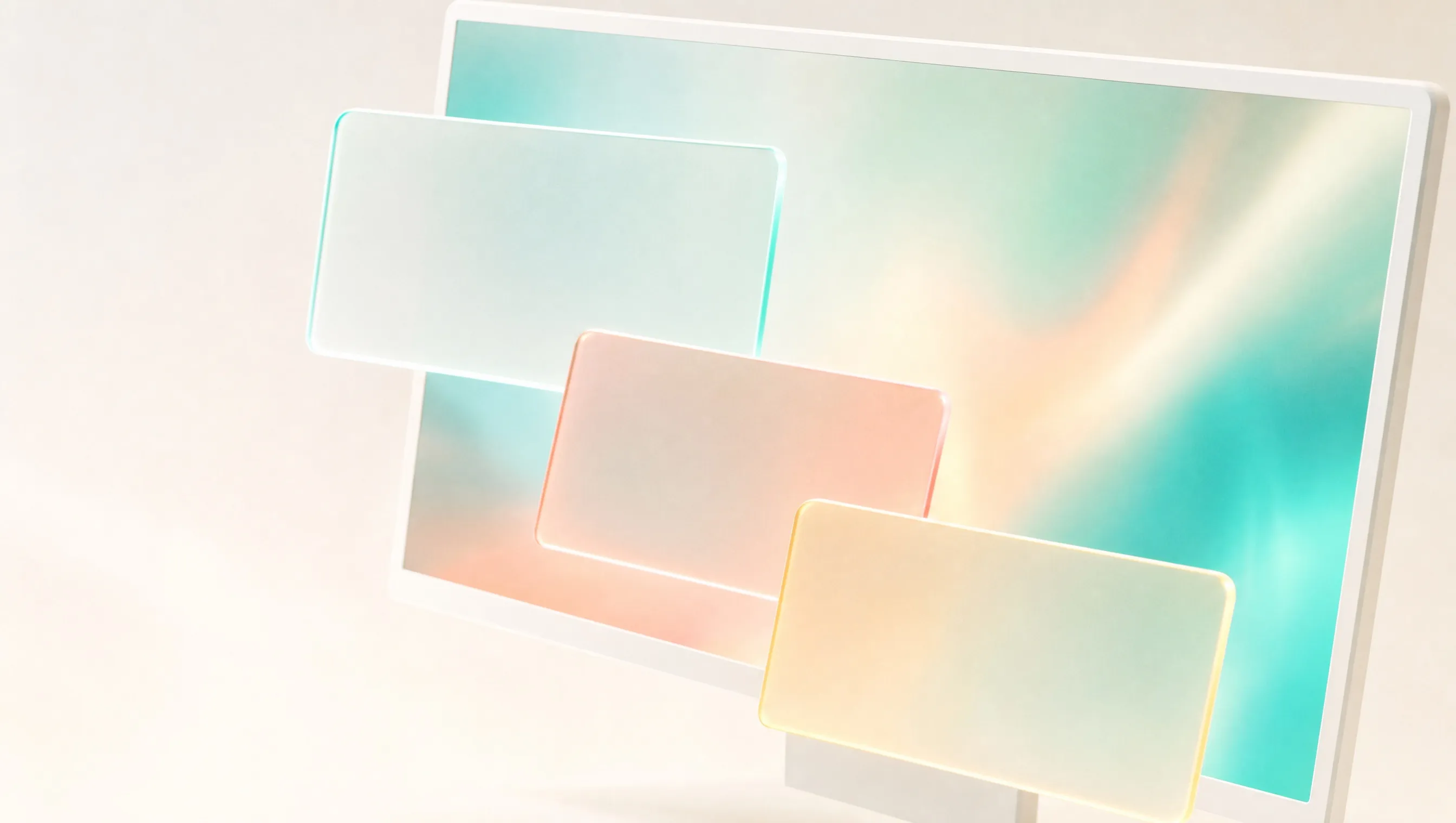A slim white monitor with a blank screen glowing in soft teal and coral light, 3 blank frosted glass cards edged in teal, coral and yellow floating in front of it against a pale cream background