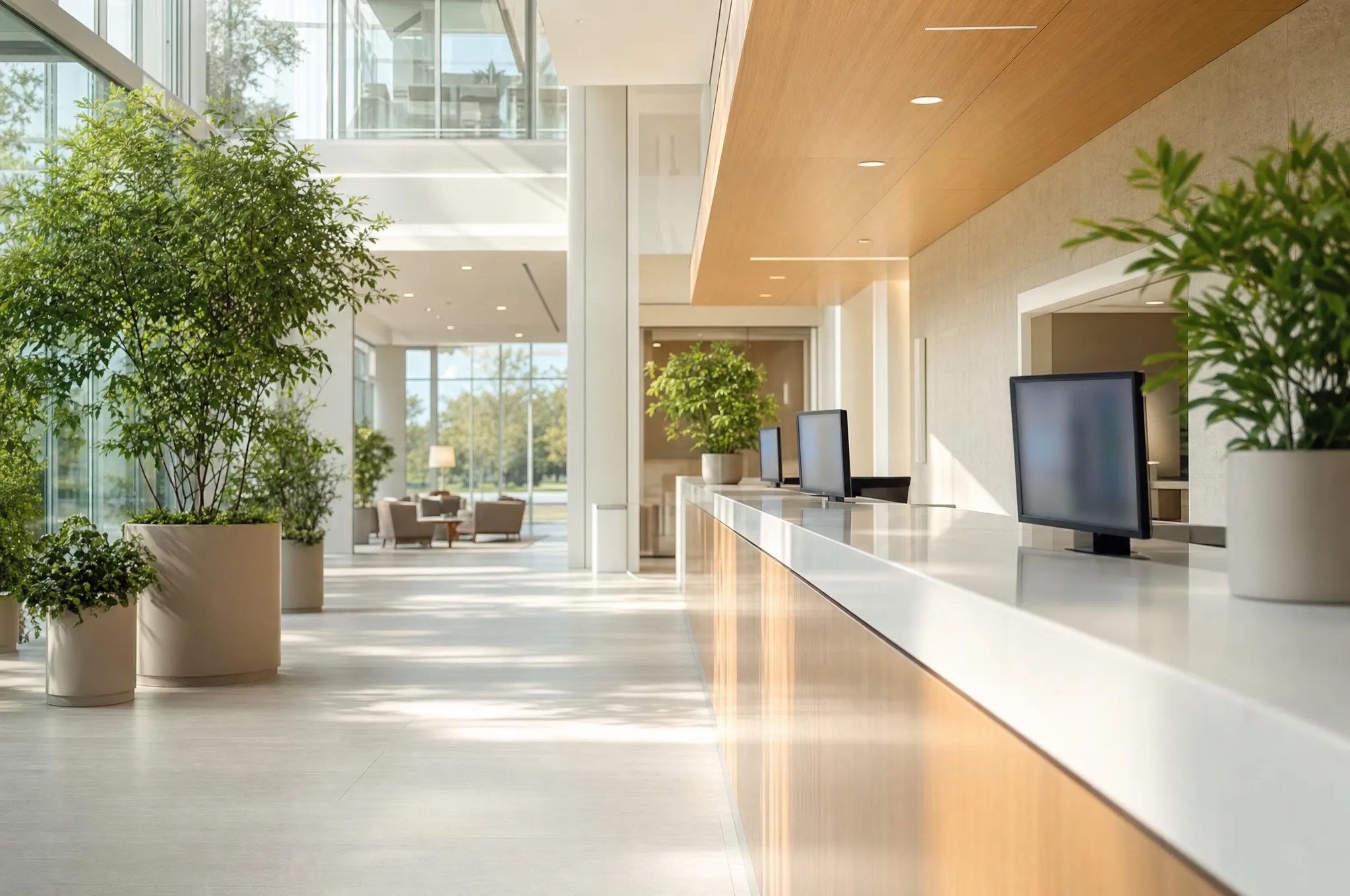A bright hospital lobby with a glass wall, plants and a reception desk
