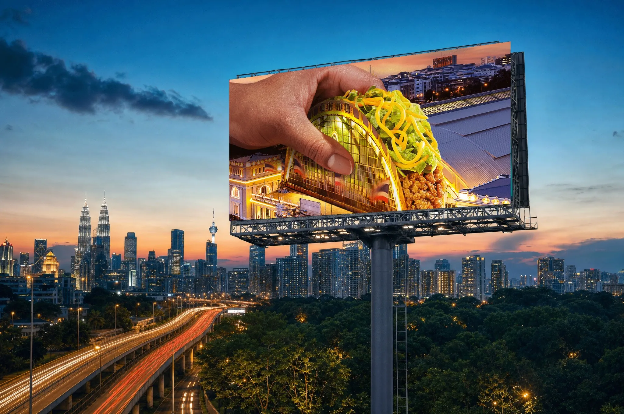 A billboard above a Kuala Lumpur highway at dusk showing a hand holding a taco wrapped in the Hua Lamphong station facade