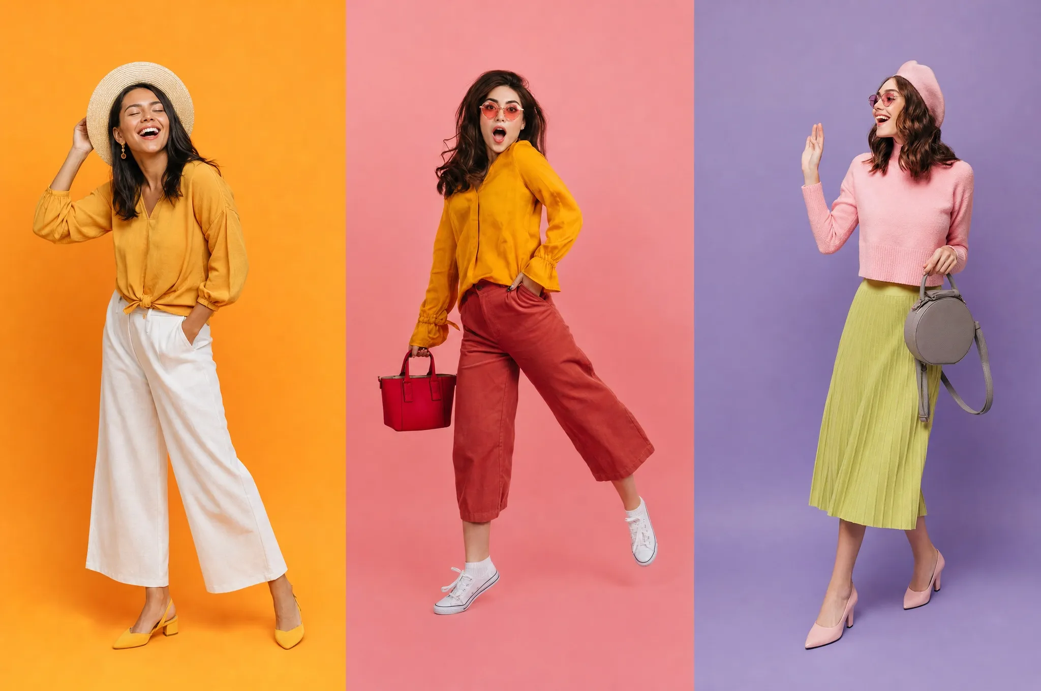 Three young women in bright outfits posing on orange, pink and lilac panels