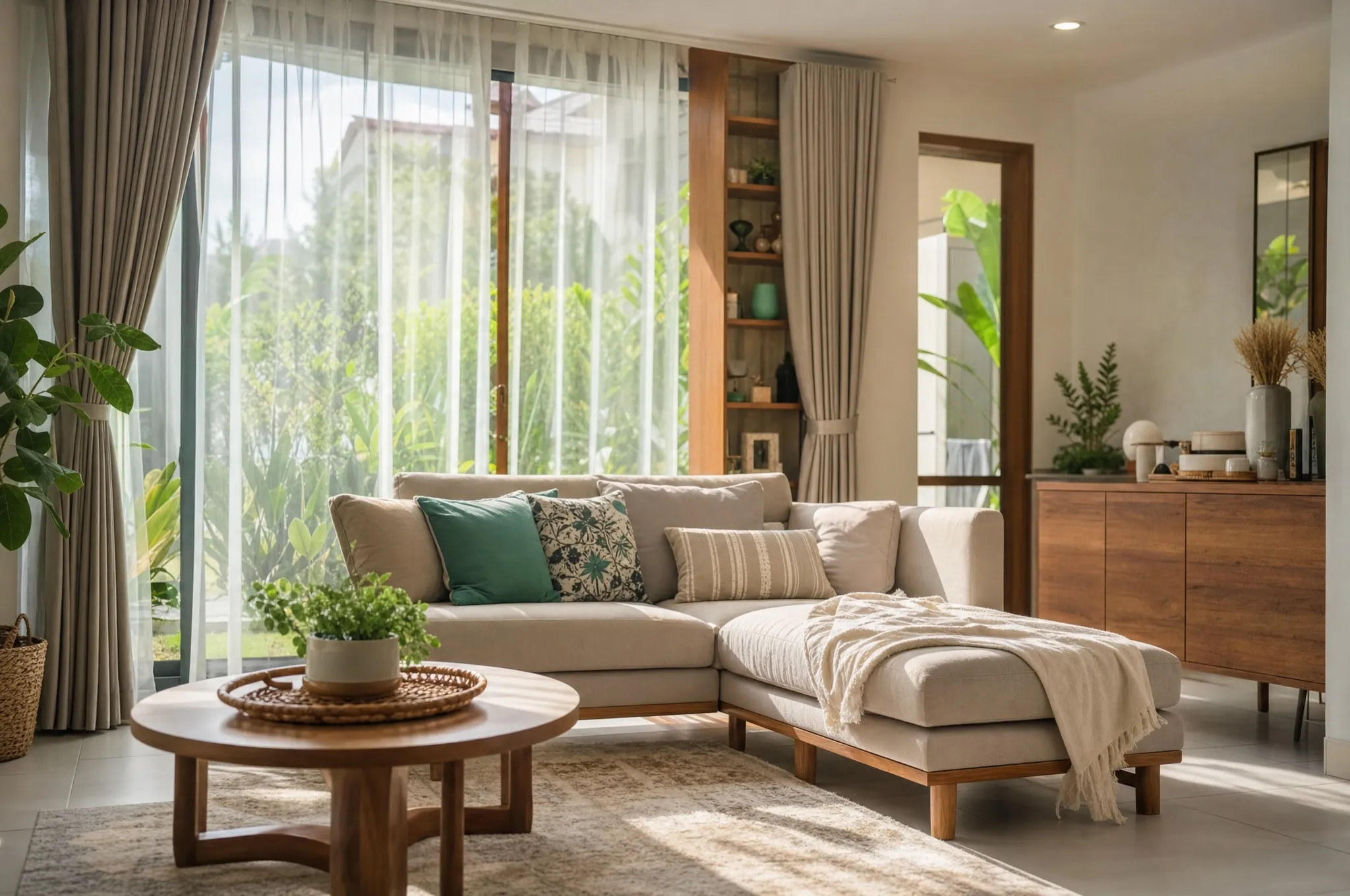 A bright lounge at home with a sofa, plants and sunlight