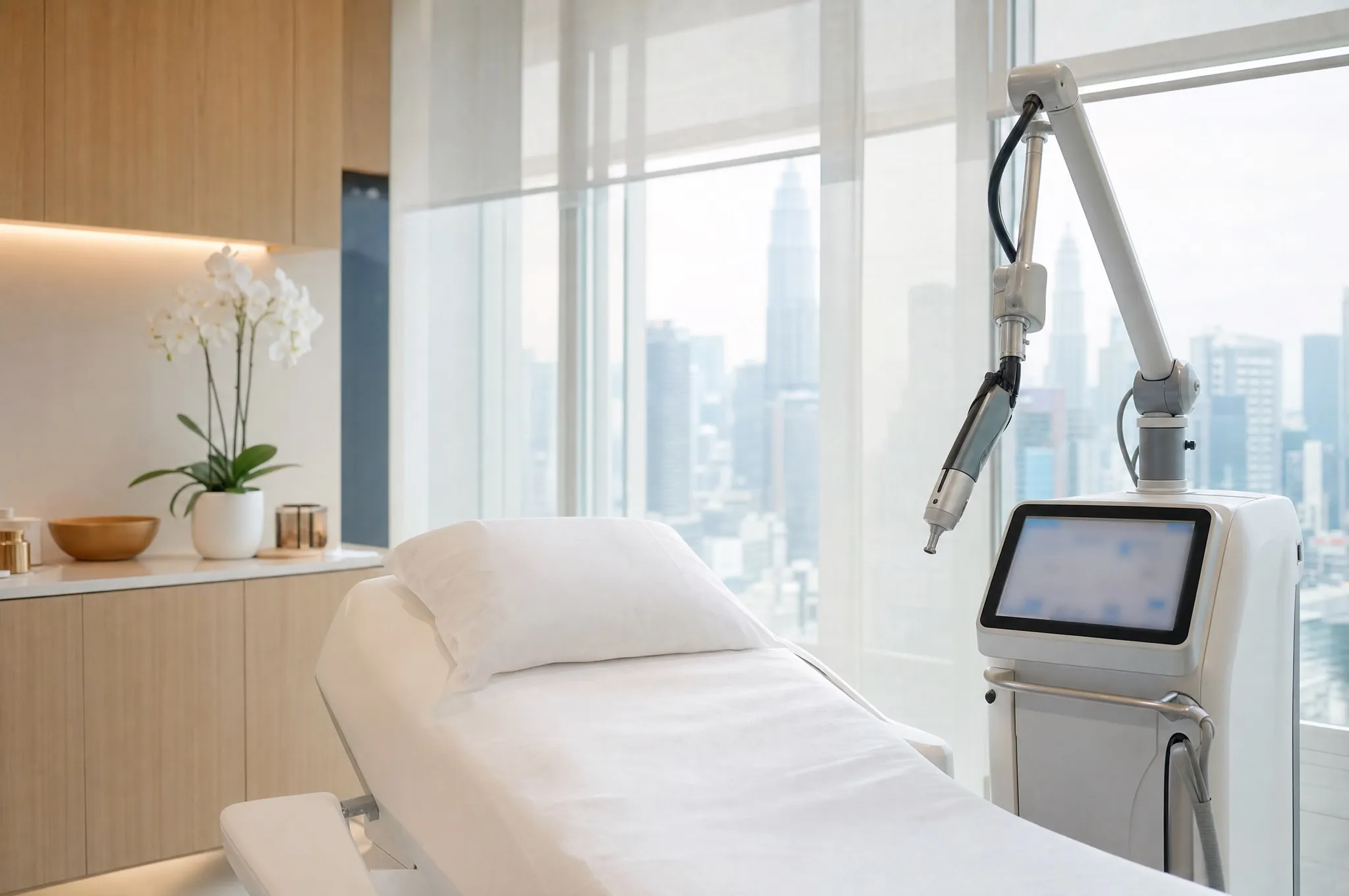 A bright aesthetic clinic treatment room with a white treatment bed, a skin device and orchids
