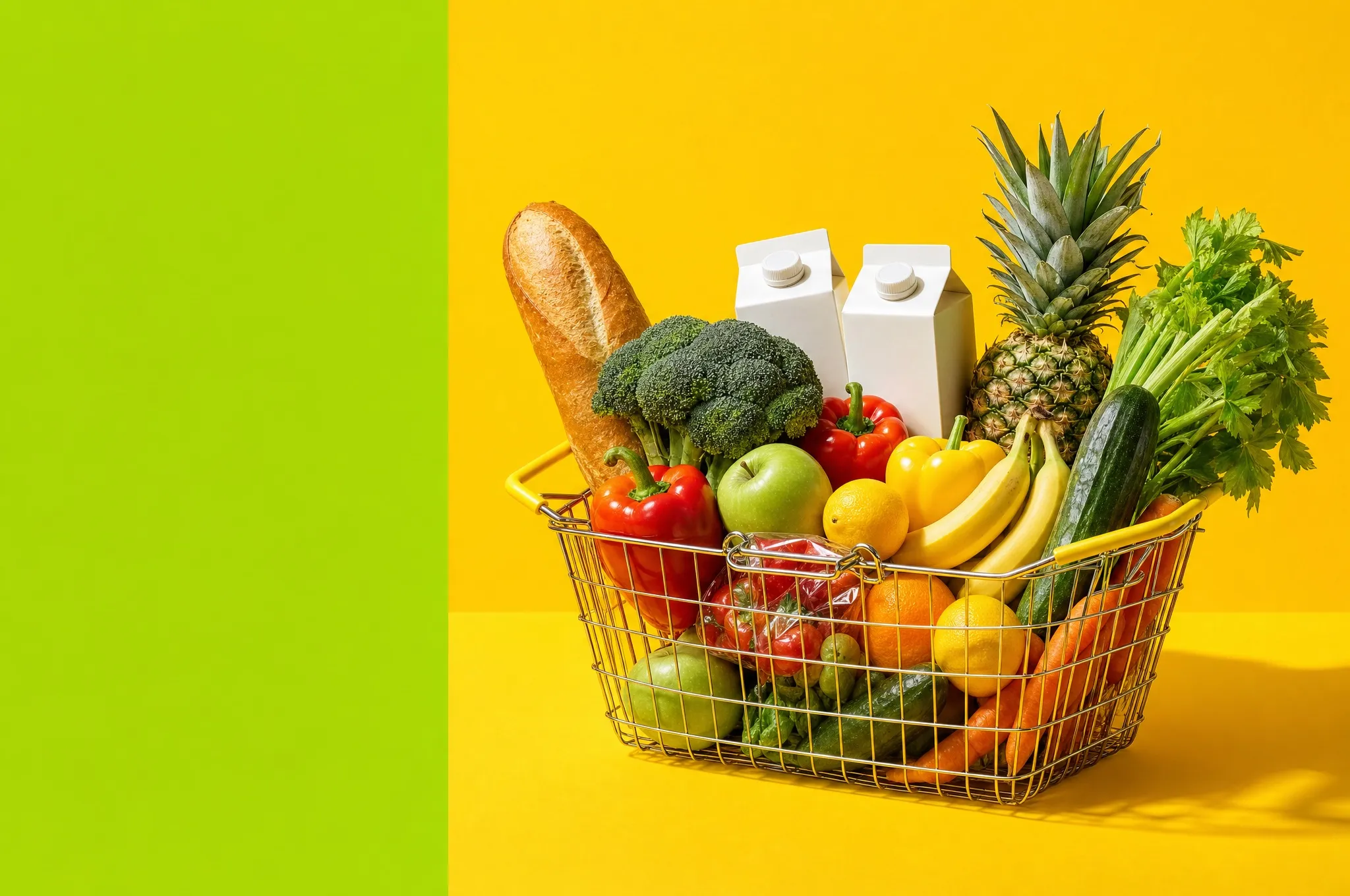 A wire shopping basket full of groceries on a yellow and green background
