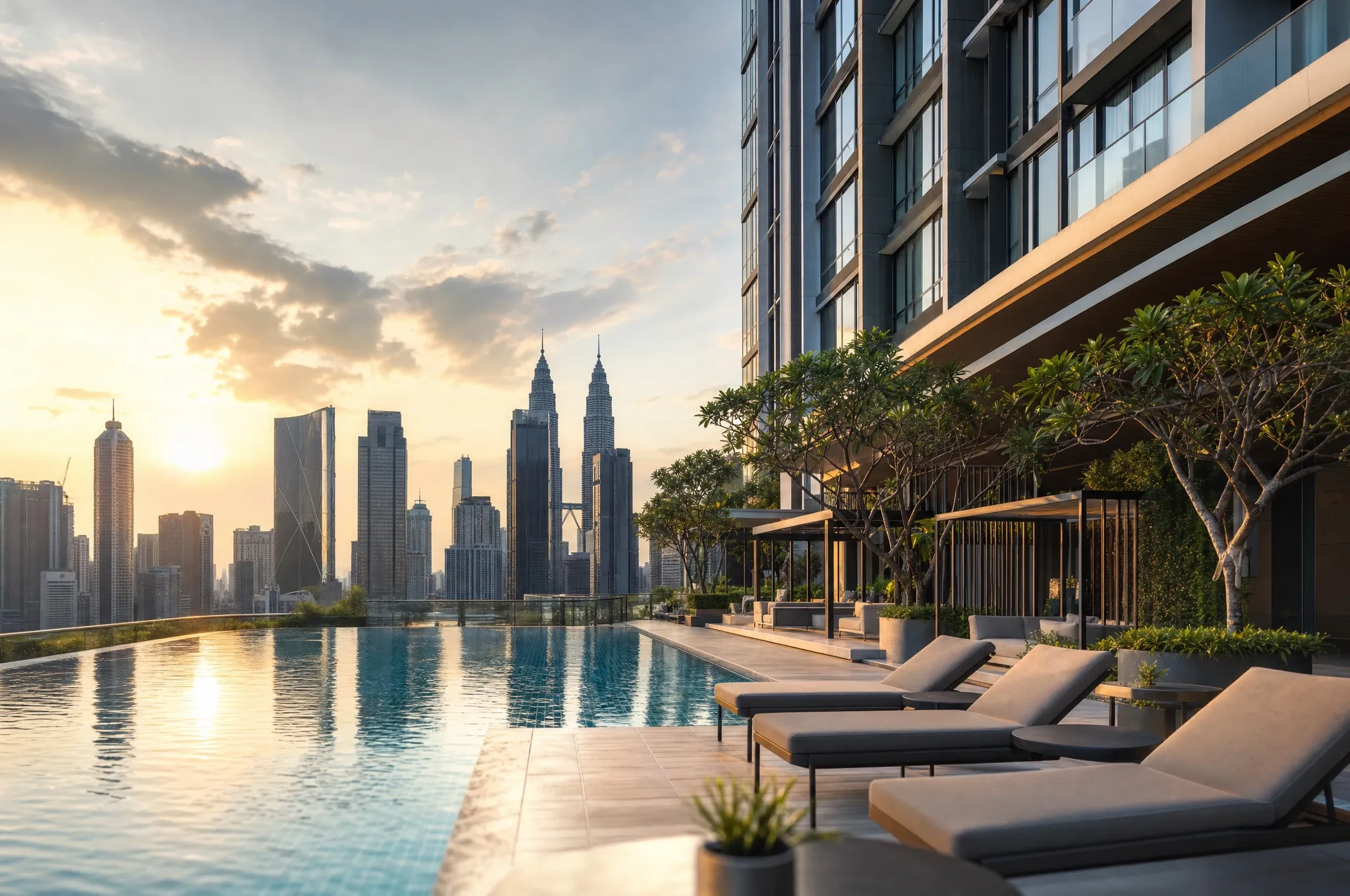 A new condominium tower at golden hour with a pool deck
