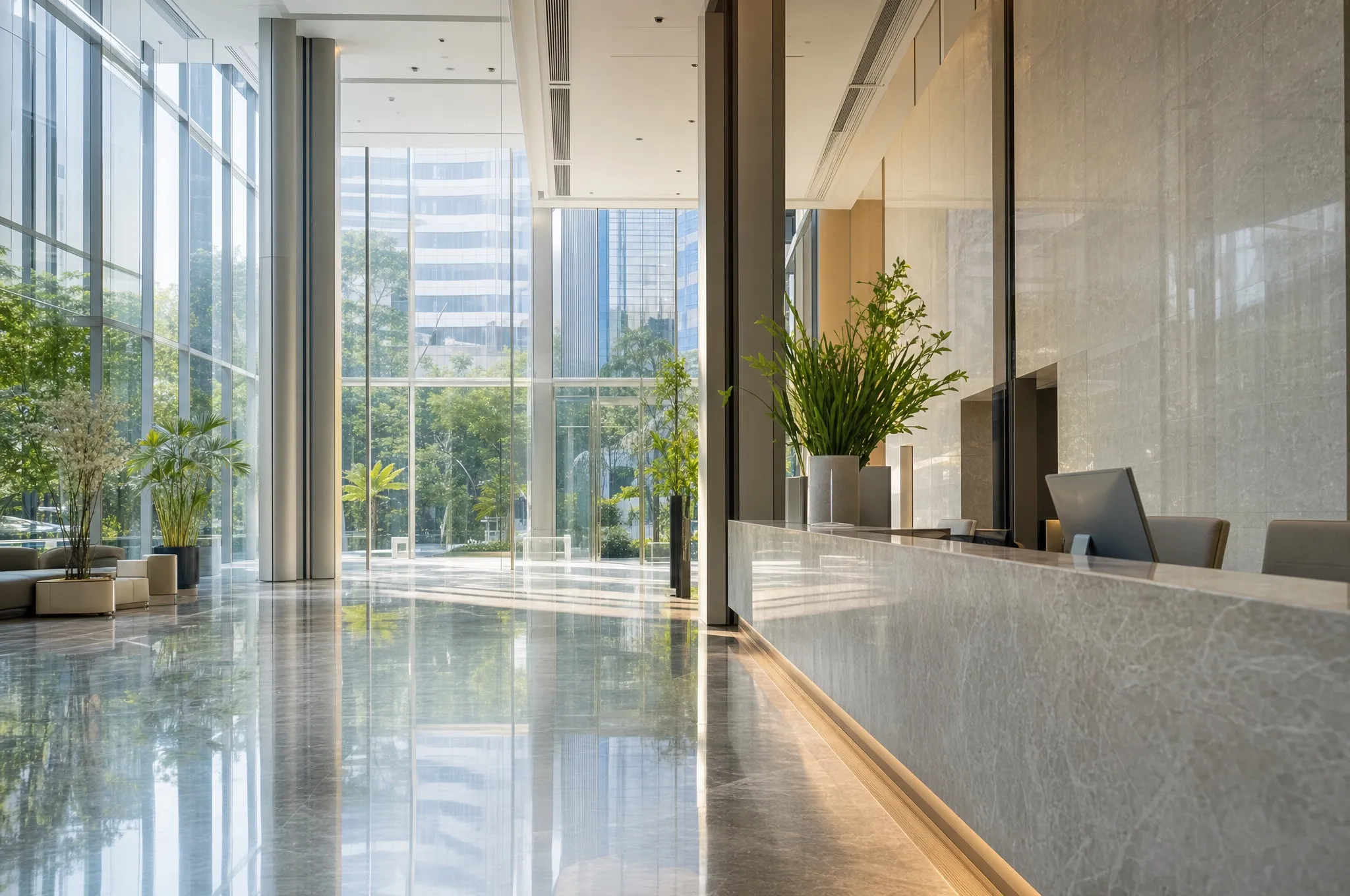 A modern office tower lobby with a long reception desk and tall windows