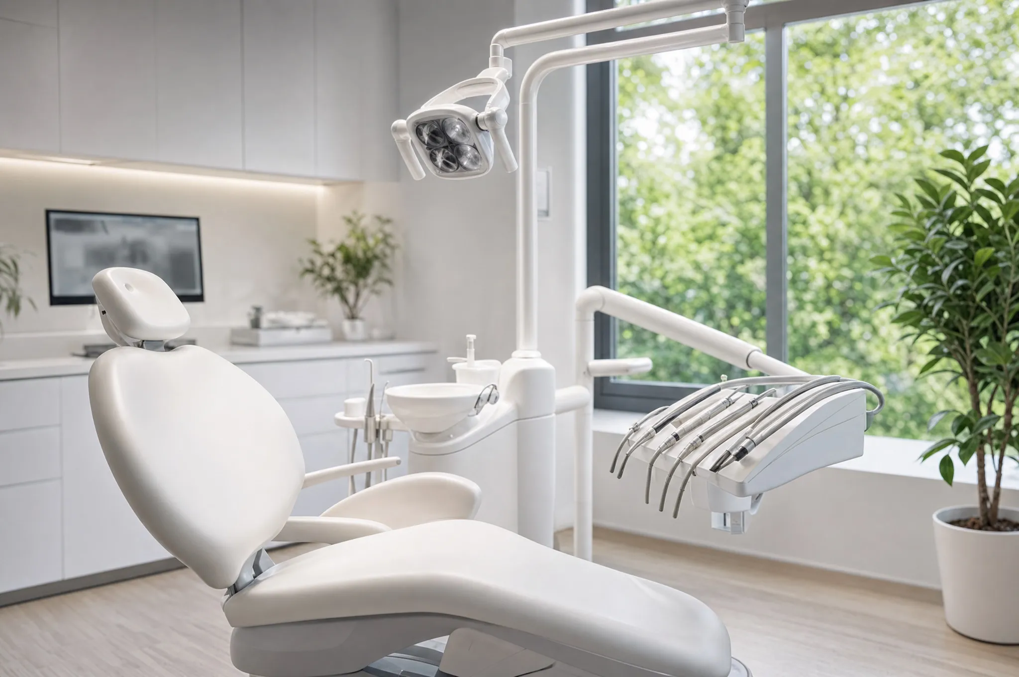 A modern dental treatment room with a white chair, an overhead lamp and a plant