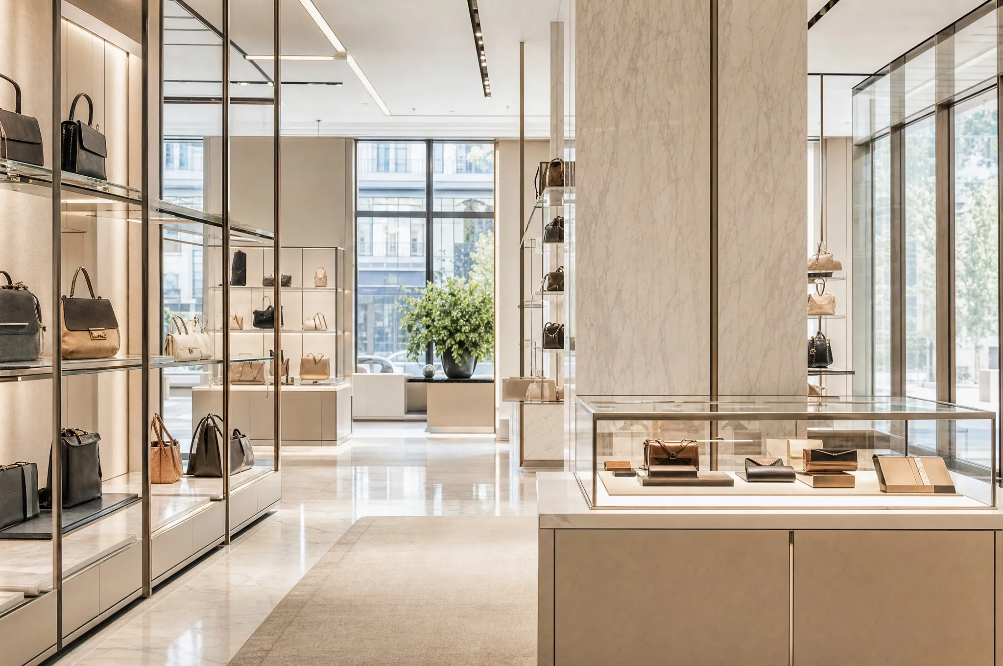 A luxury boutique interior with marble floors and glass vitrines