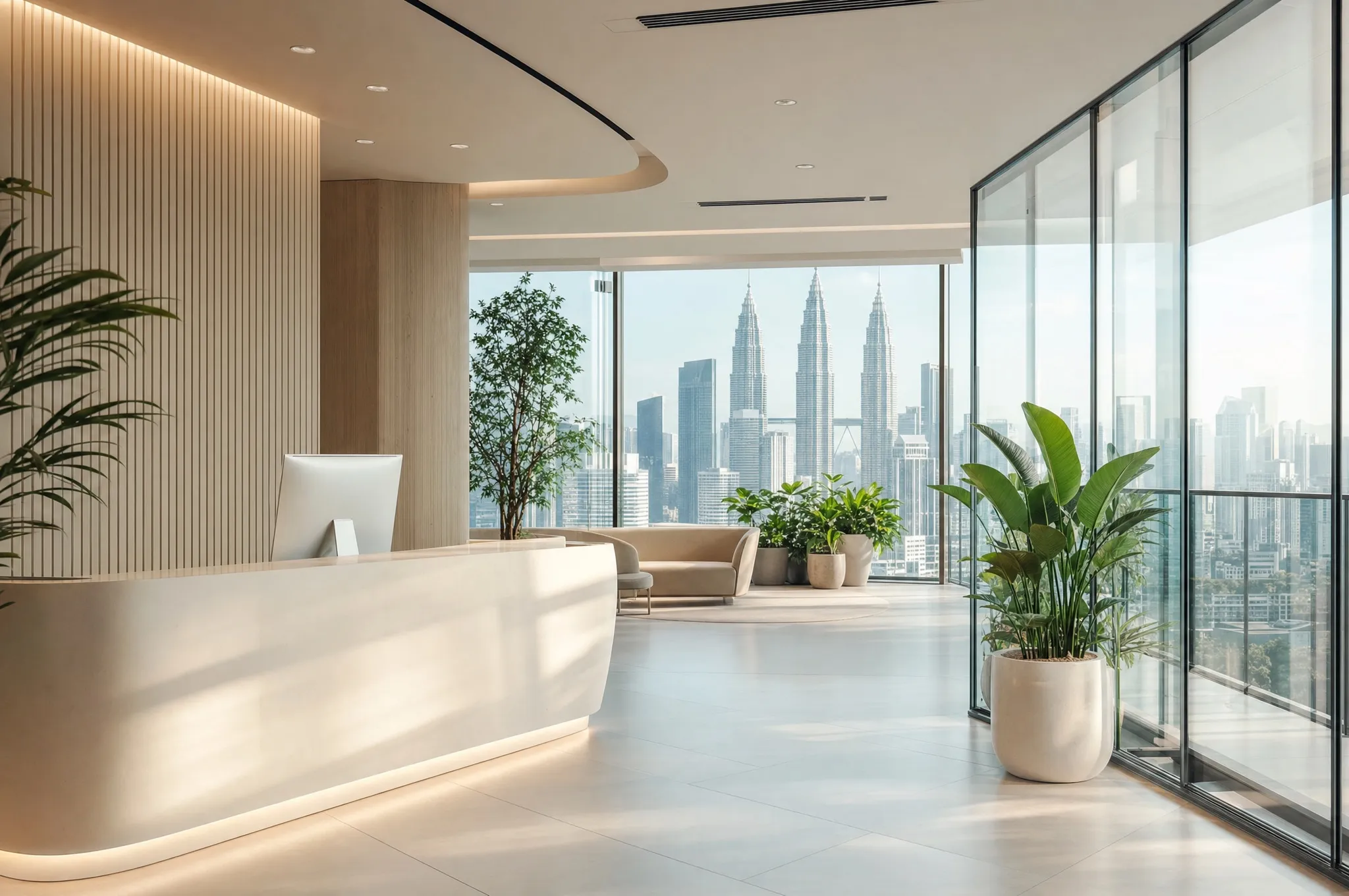 A bright office reception with a glass wall and plants, the skyline outside