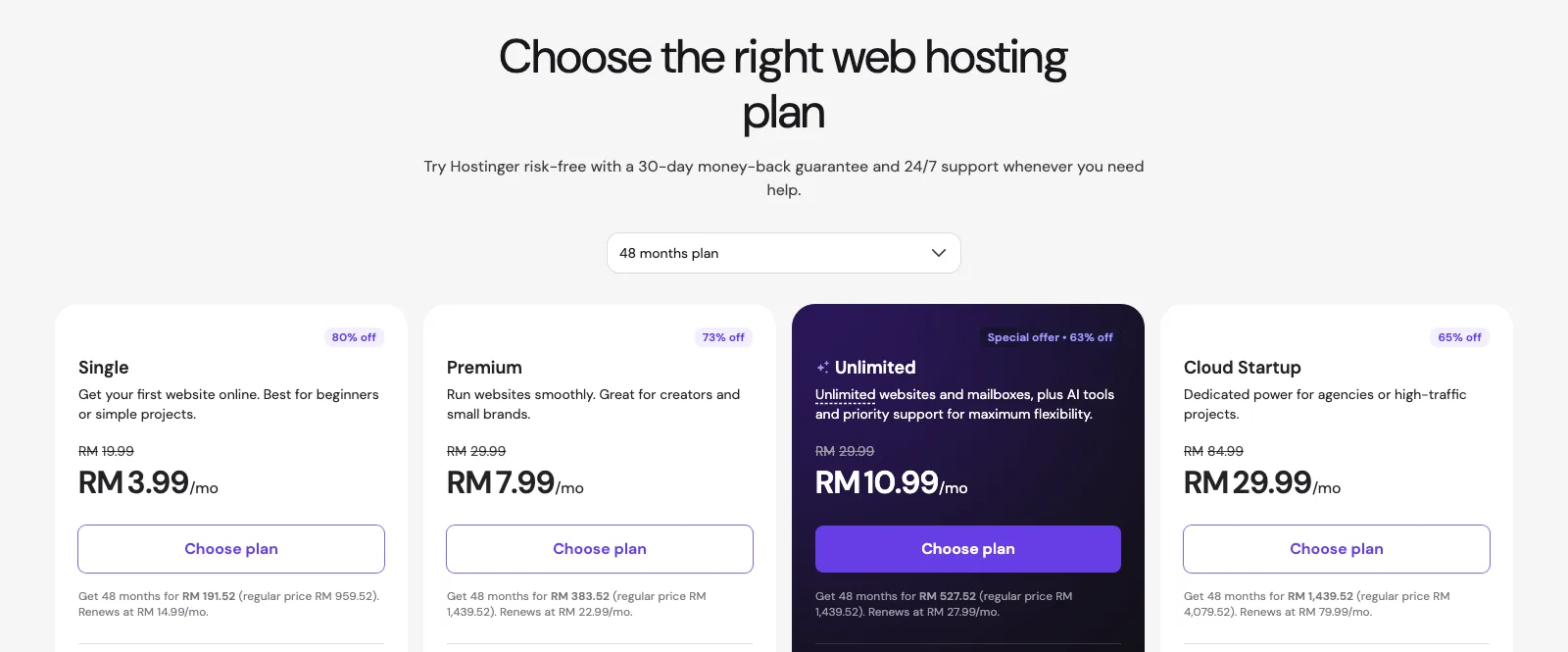 Hostinger’s Malaysian hosting page with four plans on a 48-month term, the Premium plan at RM7.99 a month and its renewal price of RM22.99 a month in the small print