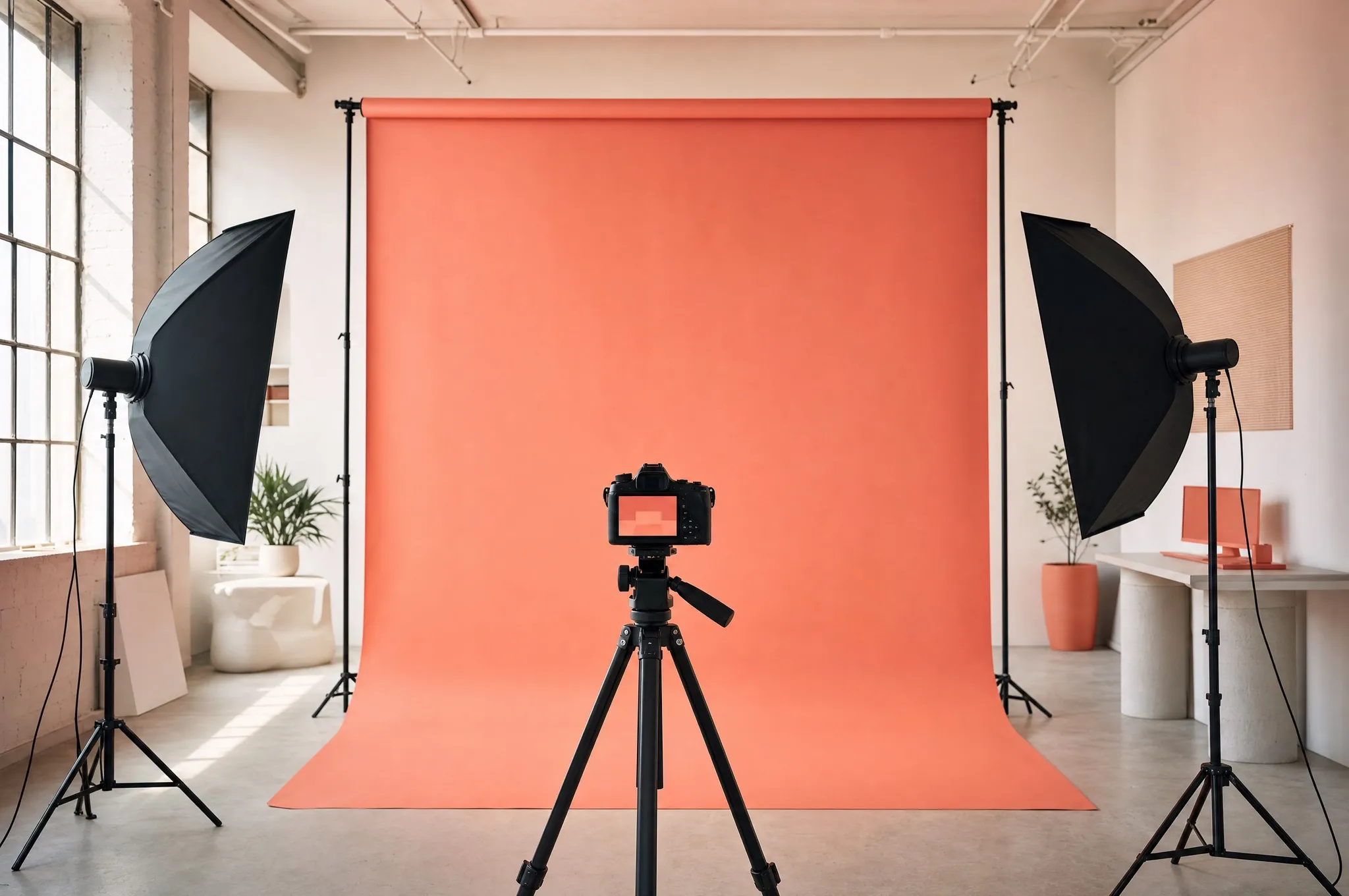 A photo studio with a coral backdrop, a camera on a tripod and softboxes