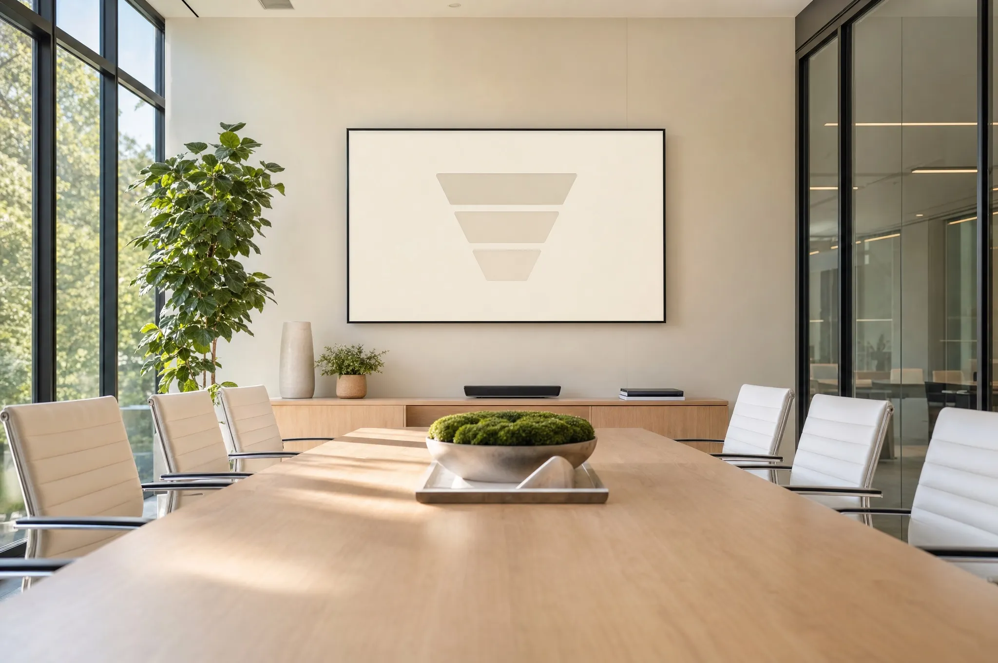 A meeting room with a wall screen showing a funnel of three bars