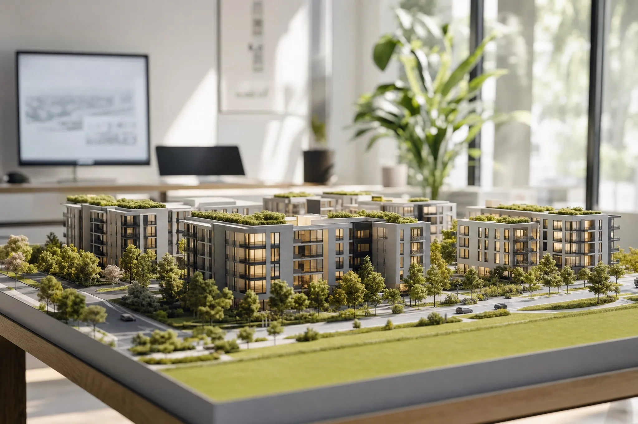 An architectural model of a residential development on a table
