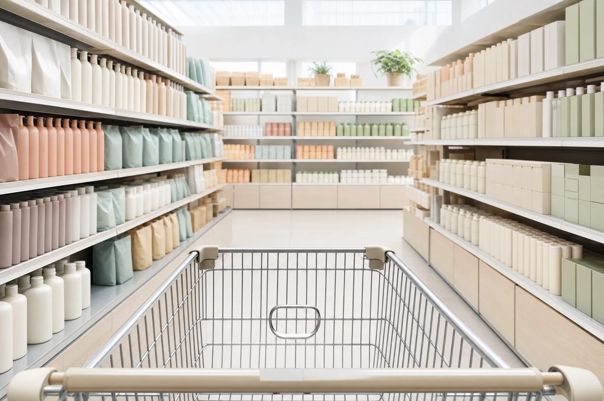 A supermarket trolley in a bright aisle of plain packaging