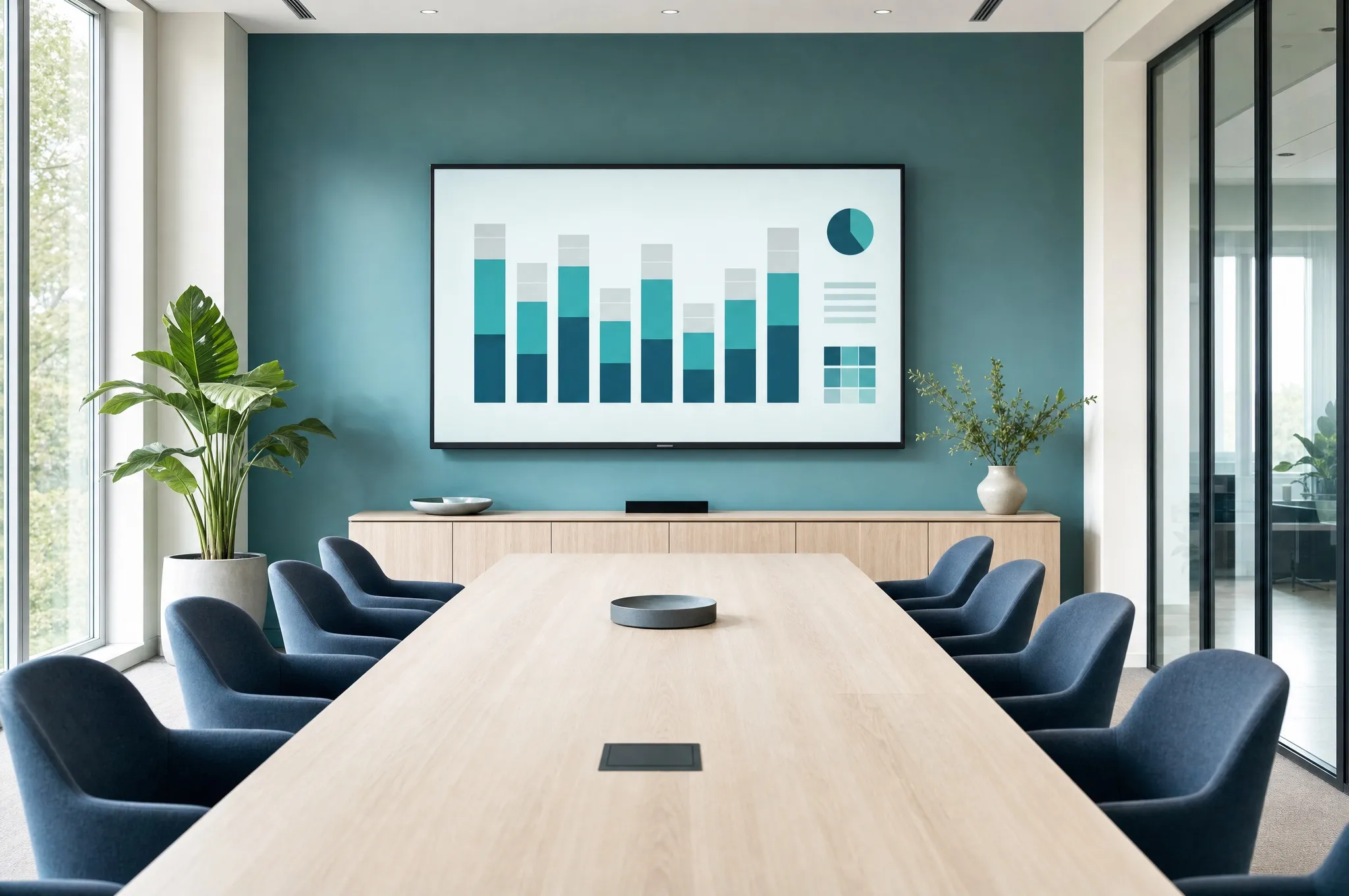 A boardroom with a long table and a wall screen showing a chart