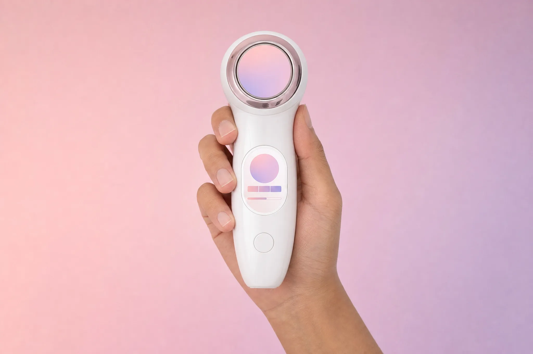 A hand holding a skincare device against a pink and lilac background