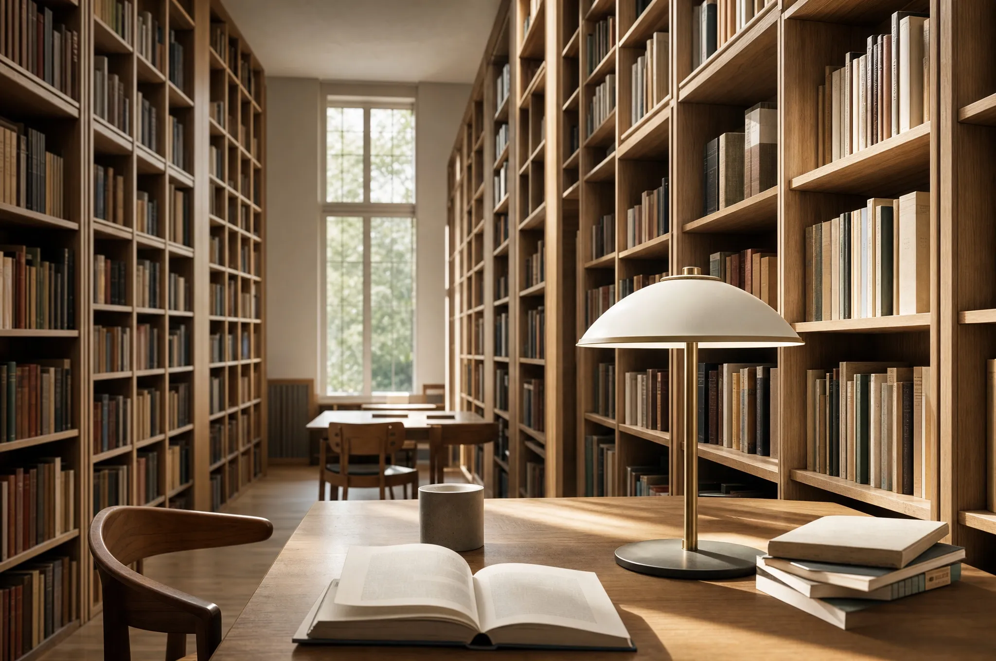 A library aisle with tall shelves of books and a reading lamp