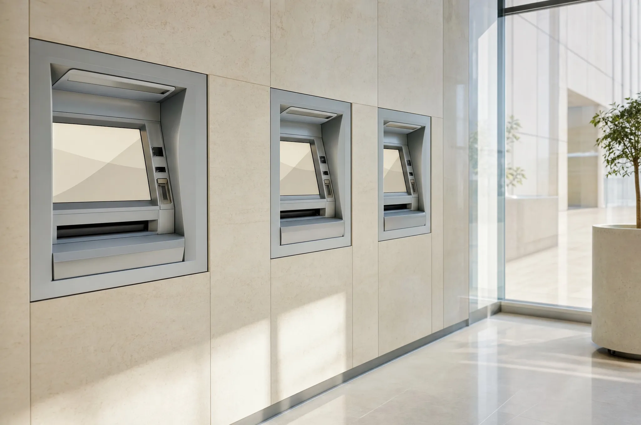 A row of cash machines with blank screens in a bright bank lobby