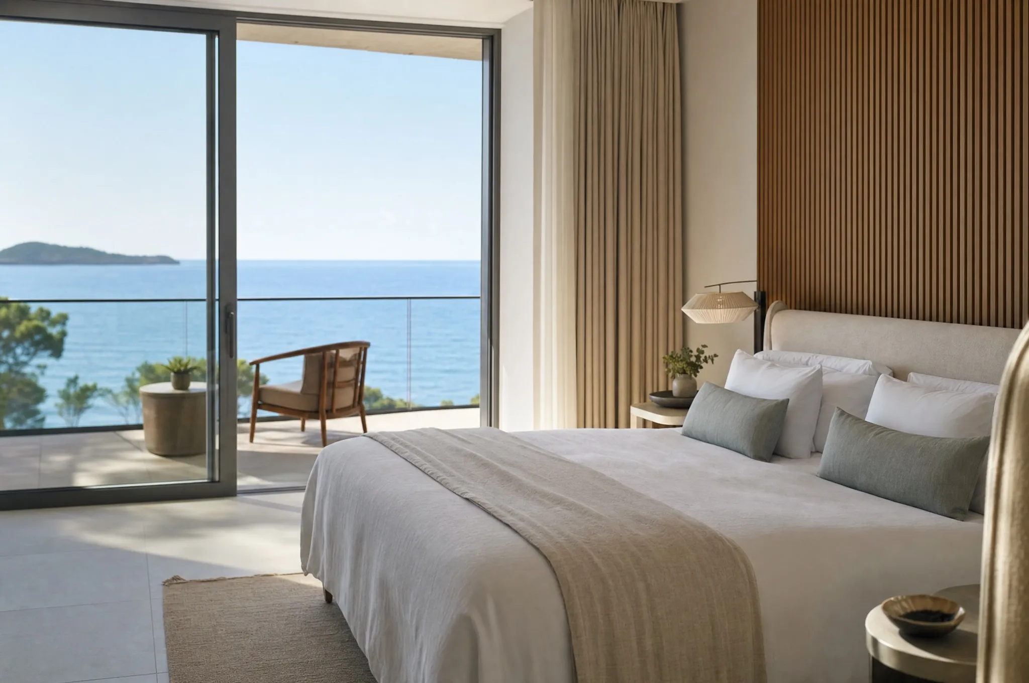A hotel room with a made bed and a balcony view of the sea
