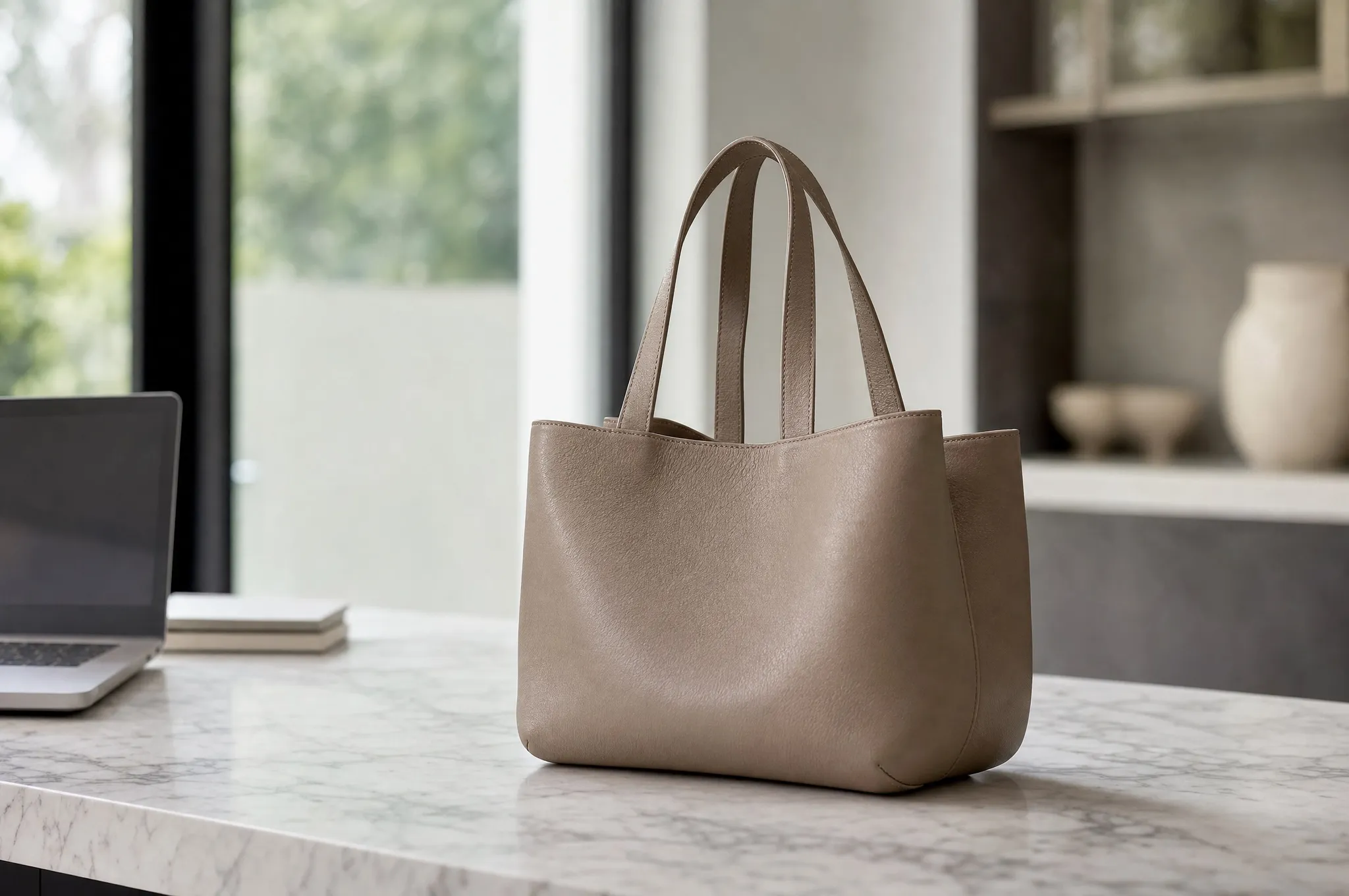 A leather handbag on a marble counter