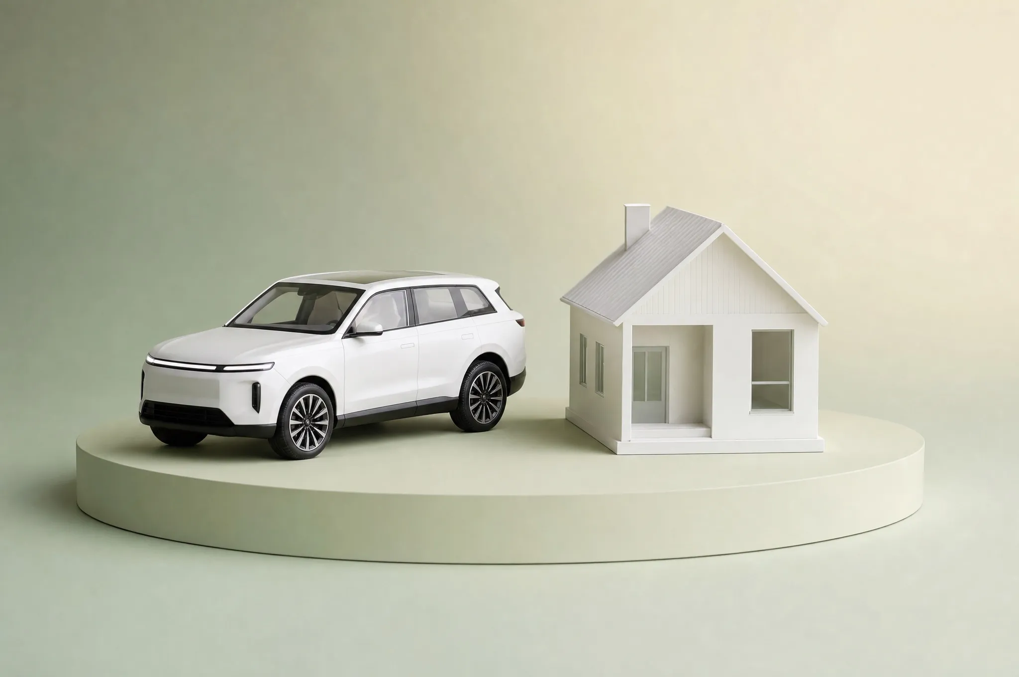 A white model car and a small house model side by side